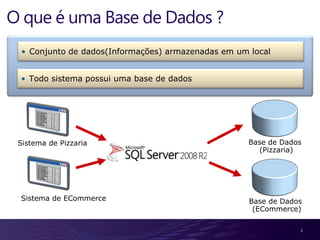 O que é uma Base de Dados ?
 • Conjunto de dados(Informações) armazenadas em um local


 • Todo sistema possui uma base de dados




 Sistema de Pizzaria                                Base de Dados
                                                      (Pizzaria)




 Sistema de ECommerce                               Base de Dados
                                                     (ECommerce)

                                                                2
 