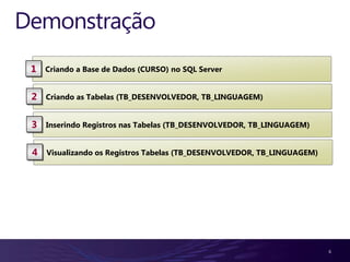 Demonstração
 1   Criando a Base de Dados (CURSO) no SQL Server


 2   Criando as Tabelas (TB_DESENVOLVEDOR, TB_LINGUAGEM)


 3   Inserindo Registros nas Tabelas (TB_DESENVOLVEDOR, TB_LINGUAGEM)


 4   Visualizando os Registros Tabelas (TB_DESENVOLVEDOR, TB_LINGUAGEM)




                                                                          6
 