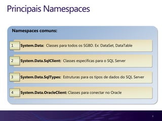 Principais Namespaces

 Namespaces comuns:


 1   System.Data: Classes para todos os SGBD. Ex: DataSet, DataTable


 2   System.Data.SqlClient: Classes específicas para o SQL Server



 3   System.Data.SqlTypes: Estruturas para os tipos de dados do SQL Server



 4   System.Data.OracleClient: Classes para conectar no Oracle




                                                                             3
 