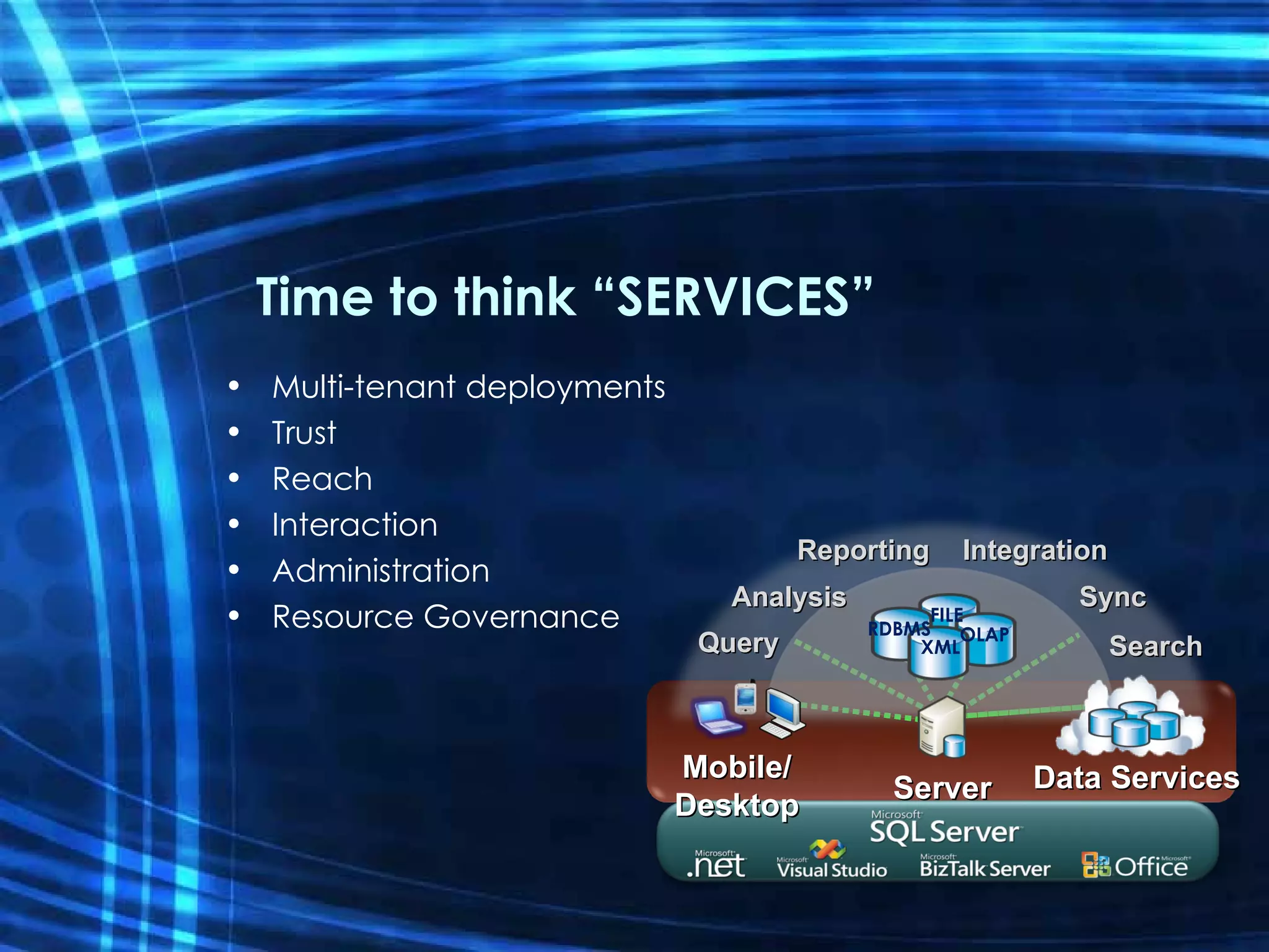 Time to think “SERVICES” Multi-tenant deployments Trust Reach Interaction Administration Resource Governance Mobile/ Desktop OLAP FILE XML RDBMS Query Analysis Reporting Integration Sync Search Server Data   Services 