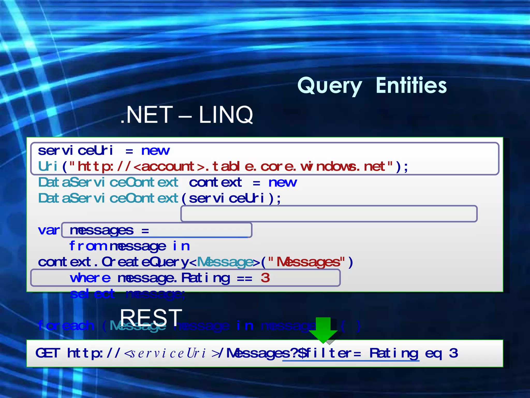 Query  Entities serviceUri =  new  Uri ( &quot;http://<account>.table.core.windows.net&quot; ); DataServiceContext  context =  new  DataServiceContext (serviceUri); var  messages = from  message  in  context.CreateQuery< Message >( &quot;Messages&quot; ) where  message.Rating ==  3 select  message; foreach  ( Message  message   in  messages) { } GET http:// <serviceUri> /Messages?$filter= Rating eq 3 