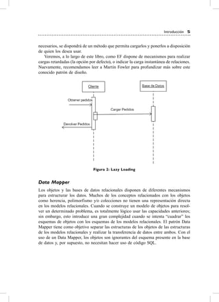 Introducción 5


necesarios, se dispondrá de un método que permita cargarlos y ponerlos a disposición
de quien los desea usar.
   veremos, a lo largo de este libro, como eF dispone de mecanismos para realizar
cargas retardadas (la opción por defecto), o indicar la carga instantánea de relaciones.
Nuevamente, recomendamos leer a Martin Fowler para profundizar más sobre este
conocido patrón de diseño.




                               Figura 2: Lazy Loading


Data Mapper
Los objetos y las bases de datos relacionales disponen de diferentes mecanismos
para estructurar los datos. Muchos de los conceptos relacionados con los objetos
como herencia, polimorfismo y/o colecciones no tienen una representación directa
en los modelos relacionales. cuando se construye un modelo de objetos para resol-
ver un determinado problema, es totalmente lógico usar las capacidades anteriores;
sin embargo, esto introduce una gran complejidad cuando se intenta “cuadrar” los
esquemas de objetos con los esquemas de los modelos relacionales. el patrón Data
Mapper tiene como objetivo separar las estructuras de los objetos de las estructuras
de los modelos relacionales y realizar la transferencia de datos entre ambos. con el
uso de un Data Mapper, los objetos son ignorantes del esquema presente en la base
de datos y, por supuesto, no necesitan hacer uso de código sQL.
 