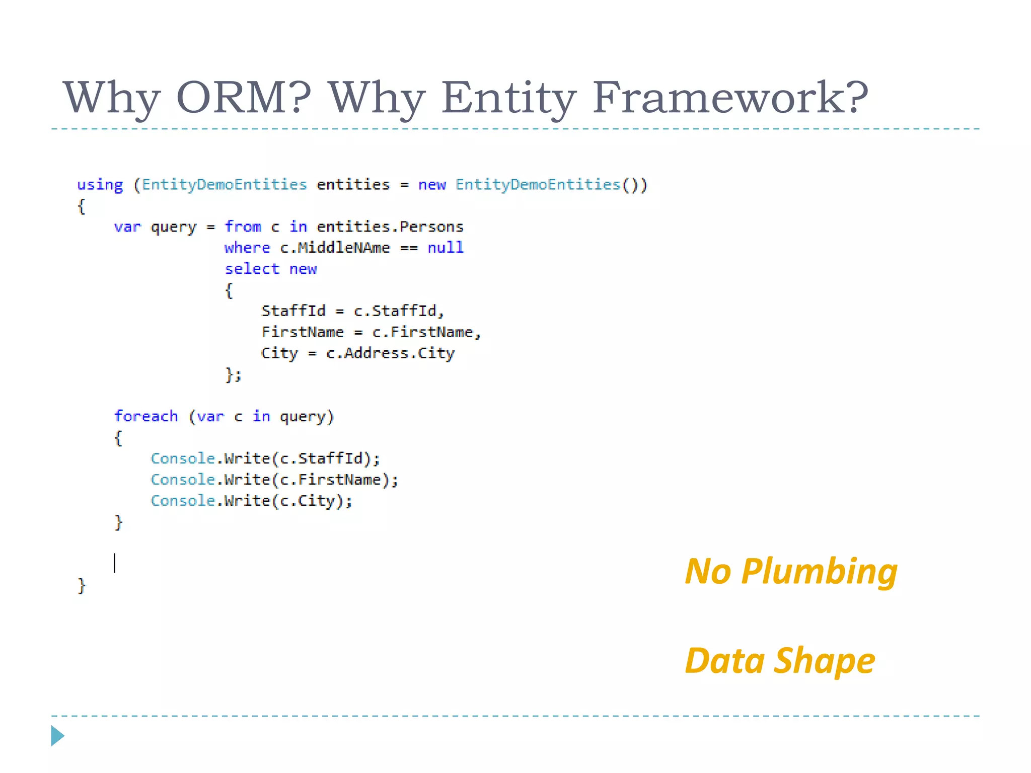 Why ORM? Why Entity Framework?No PlumbingData Shape