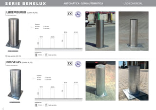 LUXEMBURGO (GAMA ALTA)
ACERO INOXIDABLE
Bajo pedido AISI 316.
BRUSELAS (GAMA ALTA)
HIERRO GALVANIZADO
S E R I E B E N E L U X USO COMERCIAL
AUTOMÁTICA · SEMIAUTOMÁTICA
4
PEMBR220X500
Espesor
114 mm.
10 mm.
220 mm.
10 mm.
PEMLU220X500
Espesor
114 mm.
8,5 mm.
220 mm.
8 mm.
Cajón perdido.
Cajón perdido.
Chasis.
Chasis.
+
+
Instalación:
Instalación:
Medidas: mm.
Medidas: mm.
500
500
Ø 114
Ø 114
Ø 220
Ø 220
500
500
750
750
Ø 220
Ø 220
Ø 114
Ø 114
 