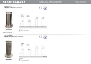 TORONTO (GAMA ECONÓMICA)
ACERO INOXIDABLE
Bajo pedido AISI 316.
Espesor
114 mm.
3 mm.
220 mm.
3,7 mm.
MONTREAL (GAMA ECONÓMICA)
HIERRO GALVANIZADO
Espesor
114 mm.
4 mm.
220 mm.
5 mm.
S E R I E C A N A D Á USO COMERCIAL
AUTOMÁTICA · SEMIAUTOMÁTICA
7
PEAM220X500
PEATO220X500
Medidas: mm.
Medidas: mm.
Chasis / Cajón perdido.
Chasis / Cajón perdido.
Instalación:
Instalación:
500
750
Ø 114 Ø 220
Ø 220
Ø 114
500
750
Ø 114 Ø 220
Ø 220
Ø 114
 