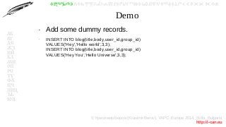 © Красимир Беров (Krasimir Berov), YAPC::Europe 2014, Sofia, Bulgaria
http://i-can.eu
ⰀⰁⰂⰃⰄⰅⰆⰇⰈⰉⰊⰋⰌⰍⰎⰏⰐⰑⰒⰓⰔⰕⰖⰗⰘⰙⰚⰛⰜⰝⰞⰟⰠⰡⰣⰤⰥⰦⰧⰨⰩⰪⰮ
АБ
ВГ
ДЕ
ЖЗ
ИЙ
КЛ
МН
ОП
РС
ТУ
ФХ
ЦЧ
ШЩ
ЪЬ
ЮЯ
Demo
●
Add some dummy records.
●
INSERT INTO blog(title,body,user_id,group_id)
VALUES('Hey','Hello world',3,3);
INSERT INTO blog(title,body,user_id,group_id)
VALUES('Hey You','Hello Universe',3,3);
 