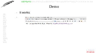 © Красимир Беров (Krasimir Berov), YAPC::Europe 2014, Sofia, Bulgaria
http://i-can.eu
ⰀⰁⰂⰃⰄⰅⰆⰇⰈⰉⰊⰋⰌⰍⰎⰏⰐⰑⰒⰓⰔⰕⰖⰗⰘⰙⰚⰛⰜⰝⰞⰟⰠⰡⰣⰤⰥⰦⰧⰨⰩⰪⰮ
АБ
ВГ
ДЕ
ЖЗ
ИЙ
КЛ
МН
ОП
РС
ТУ
ФХ
ЦЧ
ШЩ
ЪЬ
ЮЯ
Demo
●
It works:
●
 