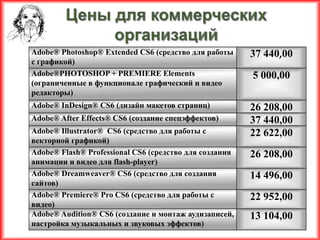 Adobe® Photoshop® Extended CS6 (средство для работы     37 440,00
с графикой)
Adobe®PHOTOSHOP + PREMIERE Elements                     5 000,00
(ограниченные в функционале графический и видео
редакторы)
Adobe® InDesign® CS6 (дизайн макетов страниц)           26 208,00
Adobe® After Effects® CS6 (создание спецэффектов)       37 440,00
Adobe® Illustrator® CS6 (средство для работы с          22 622,00
векторной графикой)
Adobe® Flash® Professional CS6 (средство для создания   26 208,00
анимации и видео для flash-player)
Adobe® Dreamweaver® CS6 (средство для создания          14 496,00
сайтов)
Adobe® Premiere® Pro CS6 (средство для работы с         22 952,00
видео)
Adobe® Audition® CS6 (создание и монтаж аудизаписей,    13 104,00
настройка музыкальных и звуковых эффектов)
 