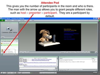 Attendee Pod This gives you the number of participants in the room and who is there.  The man with the arrow up allows you to grant people different roles, such as  host  –  presenter  –  participant .  They are a participant by default. 