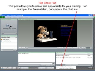 File Share Pod This pod allows you to share files appropriate for your training.  For example, the Presentation, documents, the chat, etc. 