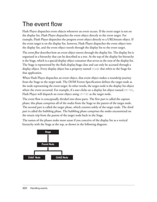 The event flow
Flash Player dispatches event objects whenever an event occurs. If the event target is not on
the display list, Flash Player dispatches the event object directly to the event target. For
example, Flash Player dispatches the progress event object directly to a URLStream object. If
the event target is on the display list, however, Flash Player dispatches the event object into
the display list, and the event object travels through the display list to the event target.
The event flow describes how an event object moves through the display list. The display list is
organized in a hierarchy that can be described as a tree. At the top of the display list hierarchy
is the Stage, which is a special display object container that serves as the root of the display list.
The Stage is represented by the flash.display.Stage class and can only be accessed through a
display object. Every display object has a property named stage that refers to the Stage for
that application.
When Flash Player dispatches an event object, that event object makes a roundtrip journey
from the Stage to the target node. The DOM Events Specification defines the target node as
the node representing the event target. In other words, the target node is the display list object
where the event occurred. For example, if a user clicks on a display list object named child1,
Flash Player will dispatch an event object using child1 as the target node.
The event flow is conceptually divided into three parts. The first part is called the capture
phase; this phase comprises all of the nodes from the Stage to the parent of the target node.
The second part is called the target phase, which consists solely of the target node. The third
part is called the bubbling phase. The bubbling phase comprises the nodes encountered on
the return trip from the parent of the target node back to the Stage.
The names of the phases make more sense if you conceive of the display list as a vertical
hierarchy with the Stage at the top, as shown in the following diagram:
Stage

Parent Node

Child1 Node

320

Handling events

Child2 Node

 