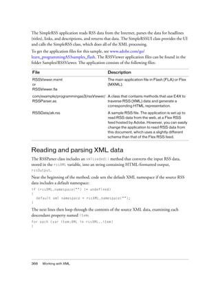 The SimpleRSS application reads RSS data from the Internet, parses the data for headlines
(titles), links, and descriptions, and returns that data. The SimpleRSSUI class provides the UI
and calls the SimpleRSS class, which does all of the XML processing.
To get the application files for this sample, see www.adobe.com/go/
learn_programmingAS3samples_flash. The RSSViewer application files can be found in the
folder Samples/RSSViewer. The application consists of the following files:
File

Description

RSSViewer.mxml
or
RSSViewer.fla

The main application file in Flash (FLA) or Flex
(MXML).

com/example/programmingas3/rssViewer/ A class that contains methods that use E4X to
RSSParser.as
traverse RSS (XML) data and generate a
corresponding HTML representation.
RSSData/ak.rss

A sample RSS file. The application is set up to
read RSS data from the web, at a Flex RSS
feed hosted by Adobe. However, you can easily
change the application to read RSS data from
this document, which uses a slightly different
schema than that of the Flex RSS feed.

Reading and parsing XML data
The RSSParser class includes an xmlLoaded() method that converts the input RSS data,
stored in the rssXML variable, into an string containing HTML-formatted output,
rssOutput.
Near the beginning of the method, code sets the default XML namespace if the source RSS
data includes a default namespace:
if (rssXML.namespace("") != undefined)
{
default xml namespace = rssXML.namespace("");
}

The next lines then loop through the contents of the source XML data, examining each
descendant property named item:
for each (var item:XML in rssXML..item)
{

368

Working with XML

 
