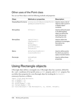 Other uses of the Point class
You can use Point objects with the following methods and properties:
Class

Methods or properties

Description

DisplayObjectContainer areInaccessibleObjectsUnderPoint() Used to return a list of
getObjectsUnderPoint()
objects under a point in
a display object
container.
BitmapData

hitTest()

Used to define the pixel
in the BitmapData
object as well as the
point that you are
checking for a hit.

BitmapData

applyFilter()
copyChannel()
merge()
paletteMap()
pixelDissolve()
threshold()

Used to define the
positions of rectangles
that define the
operations.

Matrix

deltaTransformPoint()
transformPoint()

Used to define points
for which you want to
apply a transformation.

Rectangle

bottomRight
size
topLeft

Used to define these
properties.

Using Rectangle objects
A Rectangle object defines a rectangular area. A Rectangle object has a position, defined by
the x and y coordinates of its top-left corner, a width property, and a height property. You
can define these properties for a new Rectangle object by invoking the Rectangle()
constructor function, as follows:
import flash.geom.Rectangle;
var rx:Number = 0;
var ry:Number = 0;
var rwidth:Number = 100;
var rheight:Number = 50;
var rect1:Rectangle = new Rectangle(rx, ry, rwidth, rheight);

436

Working with geometry

 