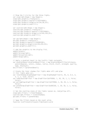 // Draw the 3 circles for the three lights.
var stopLight:Shape = new Shape();
stopLight.graphics.lineStyle();
stopLight.graphics.beginFill(0xFF0000);
stopLight.graphics.drawCircle(145,90,25);
stopLight.graphics.endFill();
var cautionLight:Shape = new Shape();
cautionLight.graphics.lineStyle();
cautionLight.graphics.beginFill(0xFF9900);
cautionLight.graphics.drawCircle(145,150,25);
cautionLight.graphics.endFill();
var goLight:Shape = new Shape();
goLight.graphics.lineStyle();
goLight.graphics.beginFill(0x00CC00);
goLight.graphics.drawCircle(145,210,25);
goLight.graphics.endFill();
// Add the graphics to the display list.
addChild(box);
addChild(stopLight);
addChild(cautionLight);
addChild(goLight);
// Apply a gradient bevel to the traffic light rectangle.
var gradientBevel:GradientBevelFilter = new GradientBevelFilter(distance,
angleInDegrees, colors, alphas, ratios, blurX, blurY, strength, quality,
type, knockout);
box.filters = [gradientBevel];
// Create the inner shadow (for lights when off) and glow
// (for lights when on).
var innerShadow:DropShadowFilter = new DropShadowFilter(5, 45, 0, 0.5, 3,
3, 1, 1, true, false);
var redGlow:GlowFilter = new GlowFilter(0xFF0000, 1, 30, 30, 1, 1, false,
false);
var yellowGlow:GlowFilter = new GlowFilter(0xFF9900, 1, 30, 30, 1, 1, false,
false);
var greenGlow:GlowFilter = new GlowFilter(0x00CC00, 1, 30, 30, 1, 1, false,
false);
// Set the starting state of the lights (green on, red/yellow off).
stopLight.filters = [innerShadow];
cautionLight.filters = [innerShadow];
goLight.filters = [greenGlow];
// Swap the filters based on the count value.
function trafficControl(event:TimerEvent):void

Available display filters

479

 