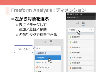 7
Freeform Analysis：ディメンション
n 左から対象を選ぶ
l  表にドラッグして
追加／差替／移動
l  名前やタグで検索できる
「#」と⼊⼒
 