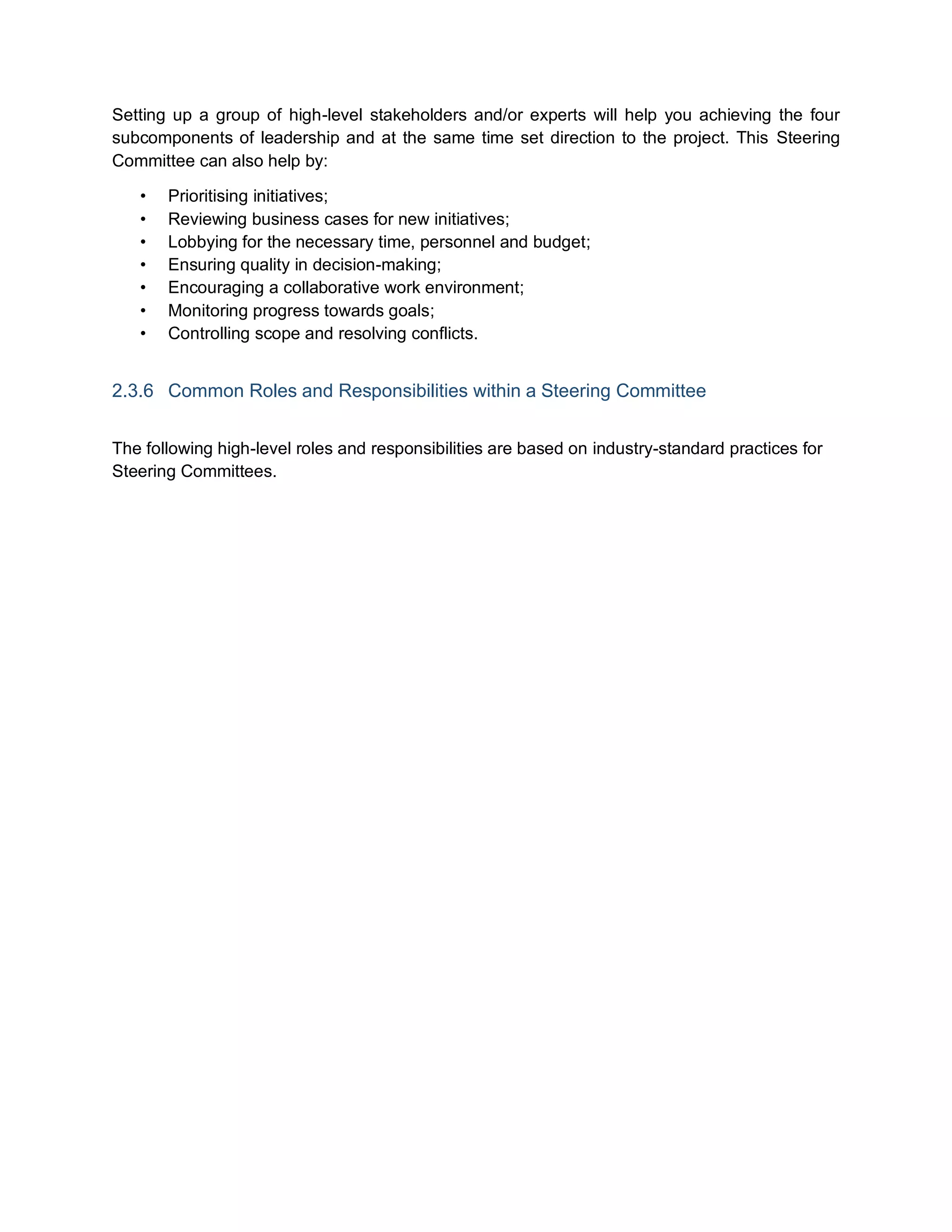 Setting up a group of high-level stakeholders and/or experts will help you achieving the four
subcomponents of leadership and at the same time set direction to the project. This Steering
Committee can also help by:
• Prioritising initiatives;
• Reviewing business cases for new initiatives;
• Lobbying for the necessary time, personnel and budget;
• Ensuring quality in decision-making;
• Encouraging a collaborative work environment;
• Monitoring progress towards goals;
• Controlling scope and resolving conflicts.
2.3.6 Common Roles and Responsibilities within a Steering Committee
The following high-level roles and responsibilities are based on industry-standard practices for
Steering Committees.
 