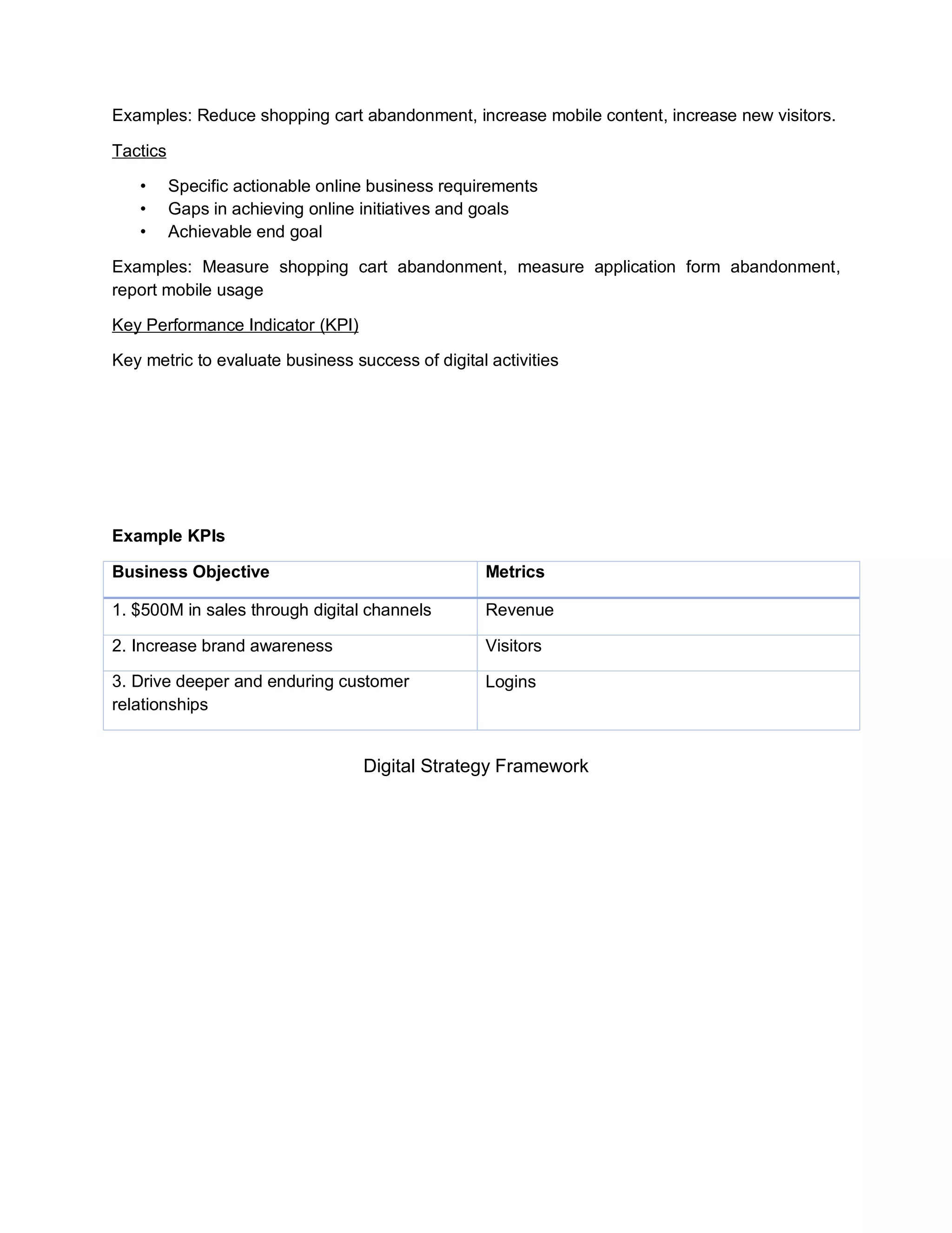 Examples: Reduce shopping cart abandonment, increase mobile content, increase new visitors.
Tactics
• Specific actionable online business requirements
• Gaps in achieving online initiatives and goals
• Achievable end goal
Examples: Measure shopping cart abandonment, measure application form abandonment,
report mobile usage
Key Performance Indicator (KPI)
Key metric to evaluate business success of digital activities
Example KPIs
Business Objective Metrics
1. $500M in sales through digital channels Revenue
2. Increase brand awareness Visitors
3. Drive deeper and enduring customer
relationships
Logins
Digital Strategy Framework
 