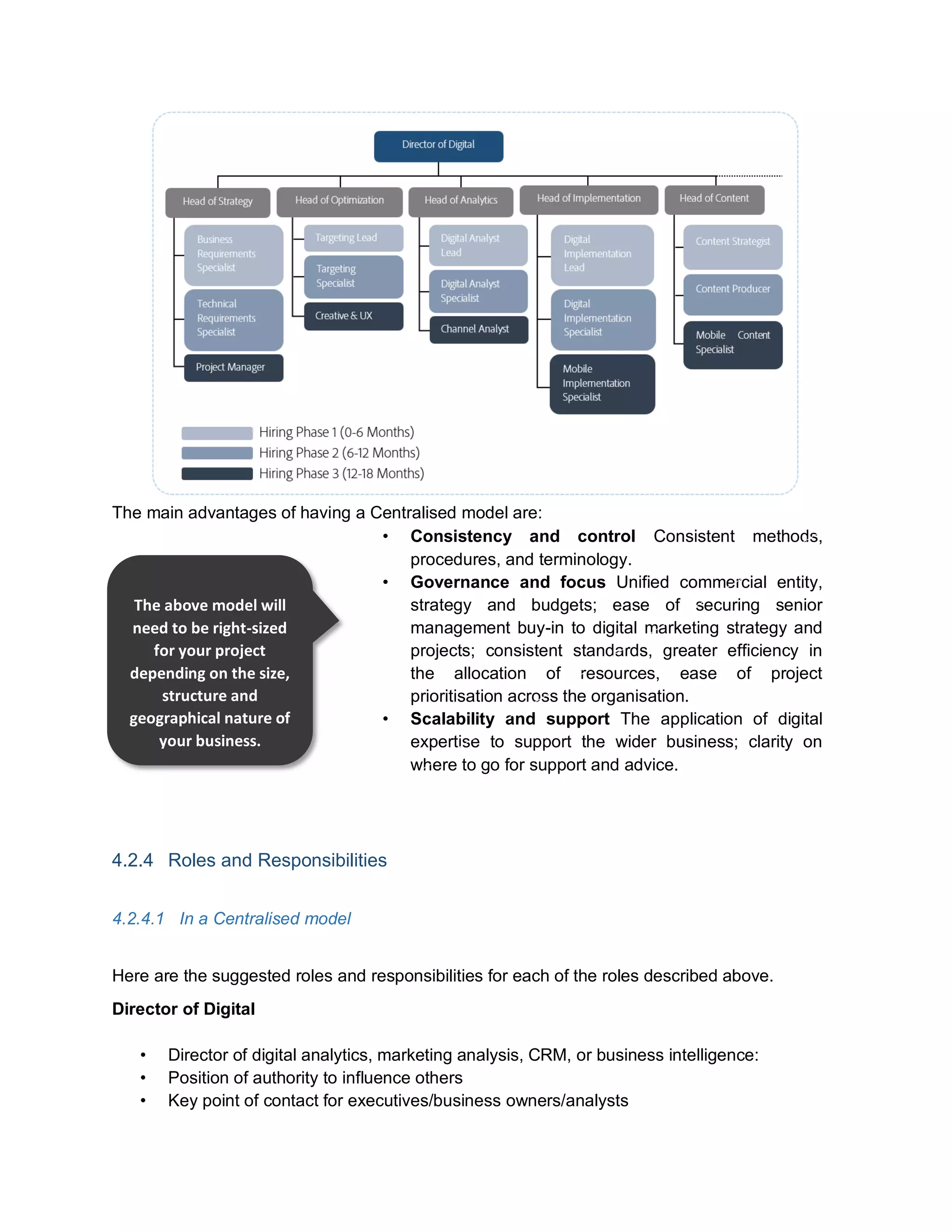 The main advantages of having a Centralised model are:
• Consistency and control Consistent methods,
procedures, and terminology.
• Governance and focus Unified commercial entity,
strategy and budgets; ease of securing senior
management buy-in to digital marketing strategy and
projects; consistent standards, greater efficiency in
the allocation of resources, ease of project
prioritisation across the organisation.
• Scalability and support The application of digital
expertise to support the wider business; clarity on
where to go for support and advice.
4.2.4 Roles and Responsibilities
4.2.4.1 In a Centralised model
Here are the suggested roles and responsibilities for each of the roles described above.
Director of Digital
• Director of digital analytics, marketing analysis, CRM, or business intelligence:
• Position of authority to influence others
• Key point of contact for executives/business owners/analysts
The above model will
need to be right-sized
for your project
depending on the size,
structure and
geographical nature of
your business.
 