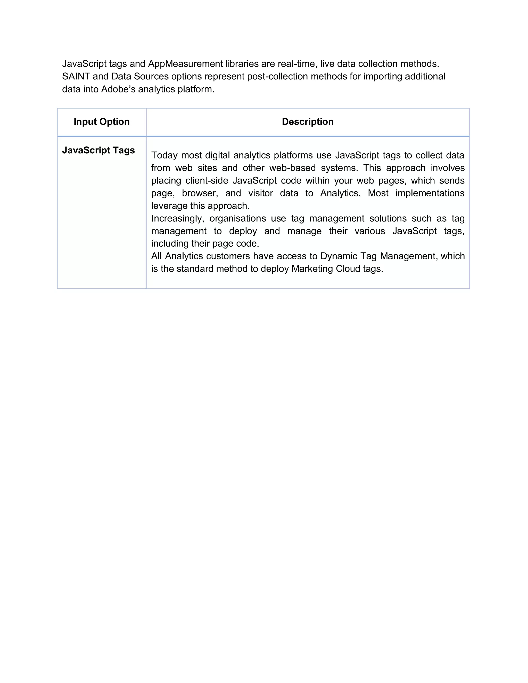 JavaScript tags and AppMeasurement libraries are real-time, live data collection methods.
SAINT and Data Sources options represent post-collection methods for importing additional
data into Adobe’s analytics platform.
Input Option Description
JavaScript Tags
Today most digital analytics platforms use JavaScript tags to collect data
from web sites and other web-based systems. This approach involves
placing client-side JavaScript code within your web pages, which sends
page, browser, and visitor data to Analytics. Most implementations
leverage this approach.
Increasingly, organisations use tag management solutions such as tag
management to deploy and manage their various JavaScript tags,
including their page code.
All Analytics customers have access to Dynamic Tag Management, which
is the standard method to deploy Marketing Cloud tags.
 