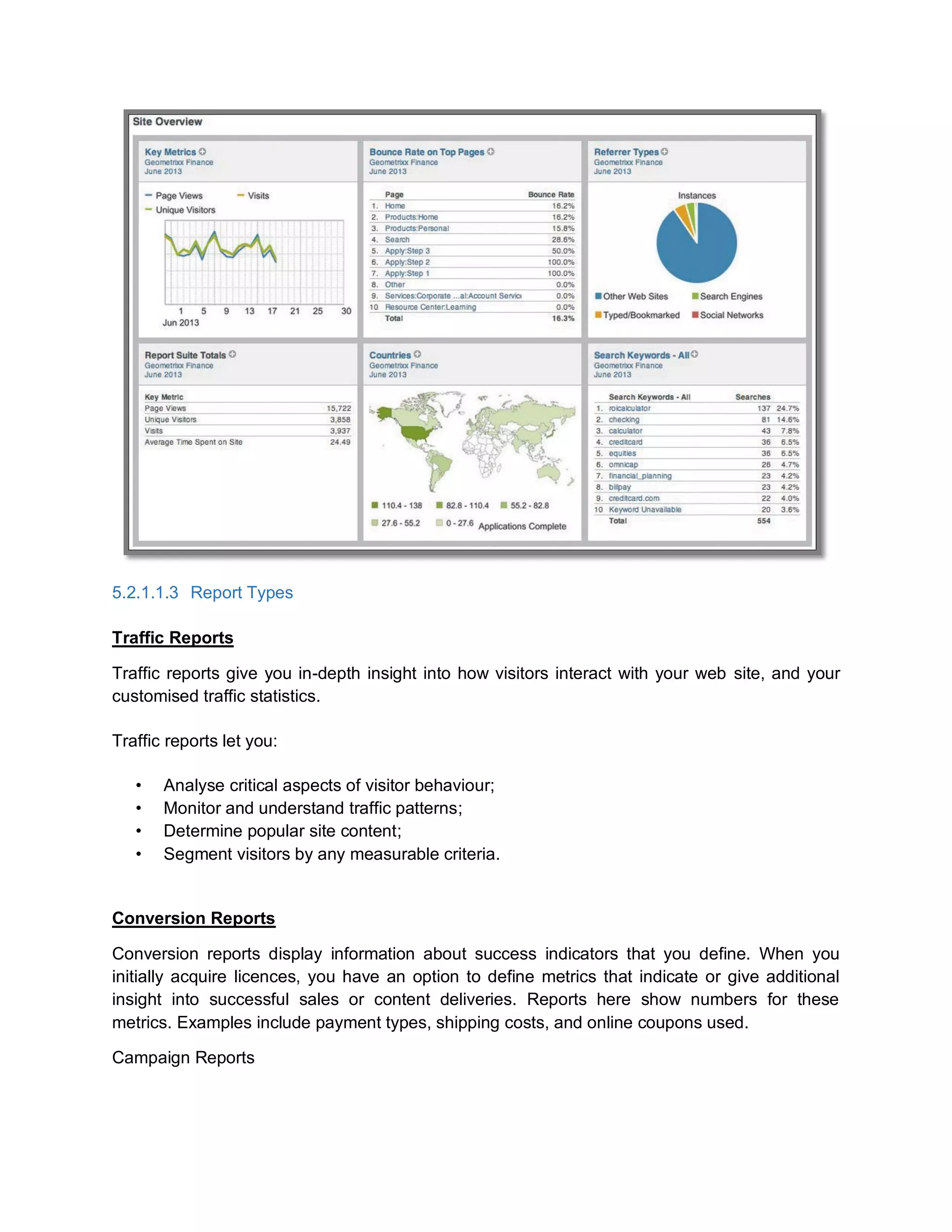 5.2.1.1.3 Report Types
Traffic Reports
Traffic reports give you in-depth insight into how visitors interact with your web site, and your
customised traffic statistics.
Traffic reports let you:
• Analyse critical aspects of visitor behaviour;
• Monitor and understand traffic patterns;
• Determine popular site content;
• Segment visitors by any measurable criteria.
Conversion Reports
Conversion reports display information about success indicators that you define. When you
initially acquire licences, you have an option to define metrics that indicate or give additional
insight into successful sales or content deliveries. Reports here show numbers for these
metrics. Examples include payment types, shipping costs, and online coupons used.
Campaign Reports
 