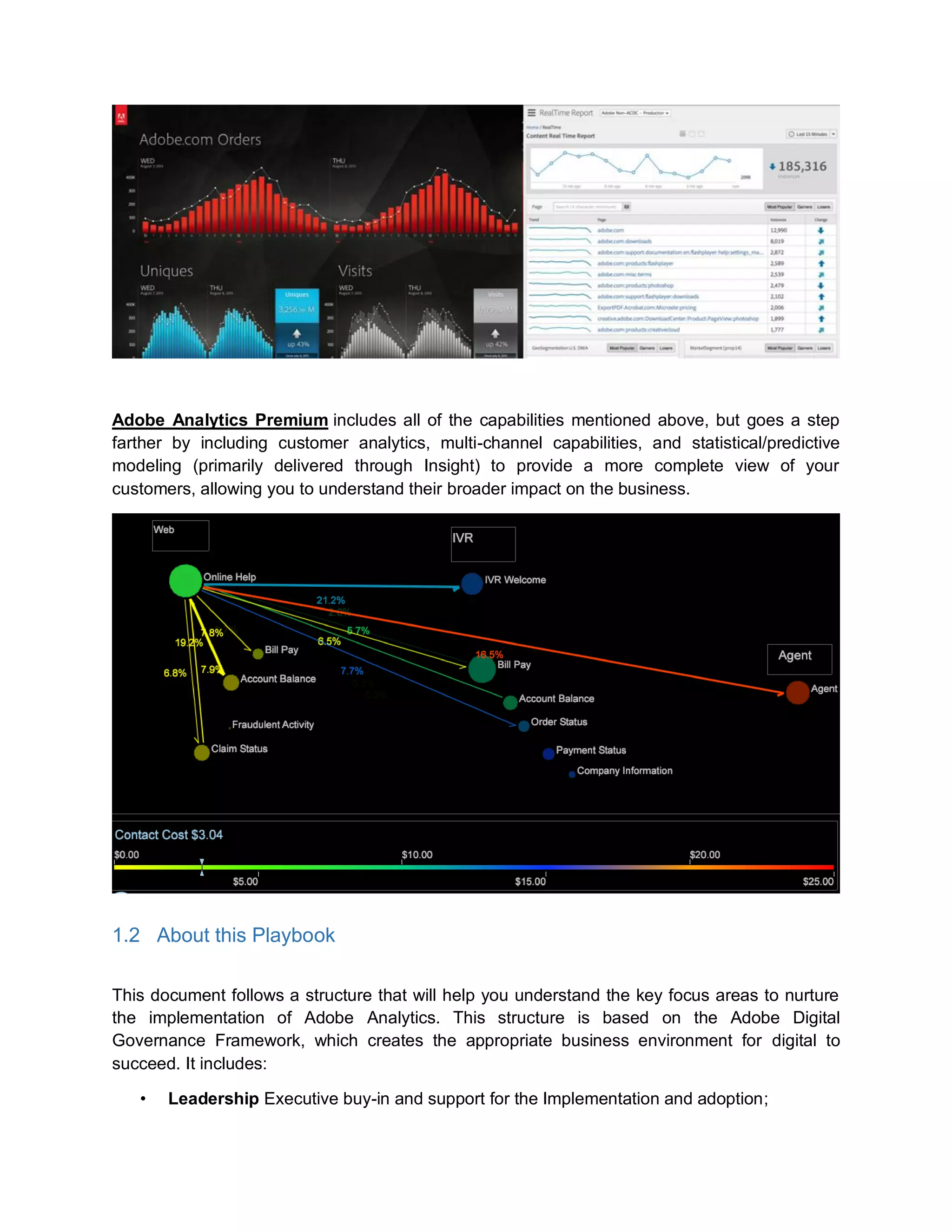 Adobe Analytics Premium includes all of the capabilities mentioned above, but goes a step
farther by including customer analytics, multi-channel capabilities, and statistical/predictive
modeling (primarily delivered through Insight) to provide a more complete view of your
customers, allowing you to understand their broader impact on the business.
1.2 About this Playbook
This document follows a structure that will help you understand the key focus areas to nurture
the implementation of Adobe Analytics. This structure is based on the Adobe Digital
Governance Framework, which creates the appropriate business environment for digital to
succeed. It includes:
• Leadership Executive buy-in and support for the Implementation and adoption;
 