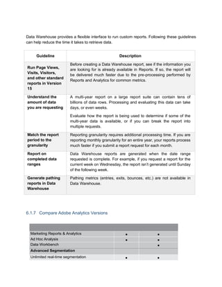 Data Warehouse provides a flexible interface to run custom reports. Following these guidelines
can help reduce the time it takes to retrieve data.
Guideline Description
Run Page Views,
Visits, Visitors,
and other standard
reports in Version
15
Before creating a Data Warehouse report, see if the information you
are looking for is already available in Reports. If so, the report will
be delivered much faster due to the pre-processing performed by
Reports and Analytics for common metrics.
Understand the
amount of data
you are requesting
A multi-year report on a large report suite can contain tens of
billions of data rows. Processing and evaluating this data can take
days, or even weeks.
Evaluate how the report is being used to determine if some of the
multi-year data is available, or if you can break the report into
multiple requests.
Match the report
period to the
granularity
Reporting granularity requires additional processing time. If you are
reporting monthly granularity for an entire year, your reports process
much faster if you submit a report request for each month.
Report on
completed data
ranges
Data Warehouse reports are generated when the date range
requested is complete. For example, if you request a report for the
current week on Wednesday, the report isn’t generated until Sunday
of the following week.
Generate pathing
reports in Data
Warehouse
Pathing metrics (entries, exits, bounces, etc.) are not available in
Data Warehouse.
6.1.7 Compare Adobe Analytics Versions
Capabilities Adobe Analytics Adobe Analytics Standard
Premium
Marketing Reports & Analytics • •
Ad Hoc Analysis • •
Data Workbench •
Advanced Segmentation
Unlimited real-time segmentation • •
 