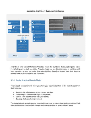Marketing Analytics = Customer Intelligence
All of this is what we call Marketing Analytics. This is the foundation that everything else we do
in marketing can be built on. Adobe Analytics helps you see this information in real time, with
high precision, so you can make business decisions based on trusted data that shows a
detailed view of your prospects and customers.
3.1.1 Adobe Analytics Maturity Model
This in-depth assessment will show you where your organisation falls on the maturity spectrum.
It will help you:
• Measure the effectiveness of your current practices;
• Compare your performance to your competition;
• Deliver a full report to share with your teams;
• Develop strategies for improvement.
The index below is a roadmap your organisation can use to mature its analytics practices. Each
level demonstrates progressively deeper analytics capabilities in seven different areas:
 