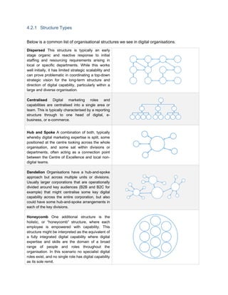 4.2.1 Structure Types
Below is a common list of organisational structures we see in digital organisations.
Dispersed This structure is typically an early
stage organic and reactive response to initial
staffing and resourcing requirements arising in
local or specific departments. While this works
well initially, it has limited strategic scalability and
can prove problematic in coordinating a top-down
strategic vision for the long-term structure and
direction of digital capability, particularly within a
large and diverse organisation.
Centralised Digital marketing roles and
capabilities are centralised into a single area or
team. This is typically characterised by a reporting
structure through to one head of digital, e-
business, or e-commerce.
Hub and Spoke A combination of both, typically
whereby digital marketing expertise is split, some
positioned at the centre looking across the whole
organisation, and some sat within divisions or
departments, often acting as a connection point
between the Centre of Excellence and local non-
digital teams.
Dandelion Organisations have a hub-and-spoke
approach but across multiple units or divisions.
Usually larger corporations that are operationally
divided around key audiences (B2B and B2C for
example) that might centralise some key digital
capability across the entire corporation, but also
could have some hub-and-spoke arrangements in
each of the key divisions.
Honeycomb One additional structure is the
holistic, or “honeycomb” structure, where each
employee is empowered with capability. This
structure might be interpreted as the equivalent of
a fully integrated digital capability where digital
expertise and skills are the domain of a broad
range of people and roles throughout the
organisation. In this scenario no specialist digital
roles exist, and no single role has digital capability
as its sole remit.
 