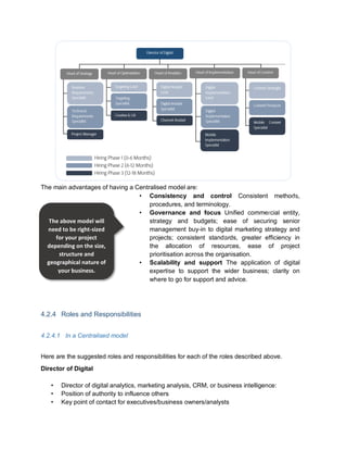 The main advantages of having a Centralised model are:
• Consistency and control Consistent methods,
procedures, and terminology.
• Governance and focus Unified commercial entity,
strategy and budgets; ease of securing senior
management buy-in to digital marketing strategy and
projects; consistent standards, greater efficiency in
the allocation of resources, ease of project
prioritisation across the organisation.
• Scalability and support The application of digital
expertise to support the wider business; clarity on
where to go for support and advice.
4.2.4 Roles and Responsibilities
4.2.4.1 In a Centralised model
Here are the suggested roles and responsibilities for each of the roles described above.
Director of Digital
• Director of digital analytics, marketing analysis, CRM, or business intelligence:
• Position of authority to influence others
• Key point of contact for executives/business owners/analysts
The above model will
need to be right-sized
for your project
depending on the size,
structure and
geographical nature of
your business.
 