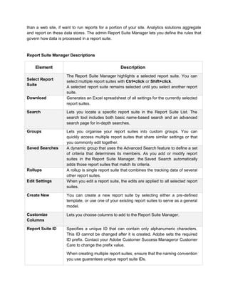 than a web site, if want to run reports for a portion of your site. Analytics solutions aggregate
and report on these data stores. The admin Report Suite Manager lets you define the rules that
govern how data is processed in a report suite.
Report Suite Manager Descriptions
Element Description
Select Report
Suite
The Report Suite Manager highlights a selected report suite. You can
select multiple report suites with Ctrl+click or Shift+click.
A selected report suite remains selected until you select another report
suite.
Download Generates an Excel spreadsheet of all settings for the currently selected
report suites.
Search Lets you locate a specific report suite in the Report Suite List. The
search tool includes both basic name-based search and an advanced
search page for in-depth searches.
Groups Lets you organise your report suites into custom groups. You can
quickly access multiple report suites that share similar settings or that
you commonly edit together.
Saved Searches A dynamic group that uses the Advanced Search feature to define a set
of criteria that determines its members. As you add or modify report
suites in the Report Suite Manager, the Saved Search automatically
adds those report suites that match its criteria.
Rollups A rollup is single report suite that combines the tracking data of several
other report suites.
Edit Settings When you edit a report suite, the edits are applied to all selected report
suites.
Create New You can create a new report suite by selecting either a pre-defined
template, or use one of your existing report suites to serve as a general
model.
Customize
Columns
Lets you choose columns to add to the Report Suite Manager.
Report Suite ID Specifies a unique ID that can contain only alphanumeric characters.
This ID cannot be changed after it is created. Adobe sets the required
ID prefix. Contact your Adobe Customer Success Manageror Customer
Care to change the prefix value.
When creating multiple report suites, ensure that the naming convention
you use guarantees unique report suite IDs.
 