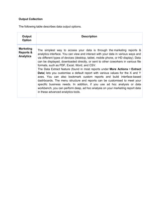 Output Collection
The following table describes data output options.
Output
Option
Description
Marketing
Reports &
Analytics
The simplest way to access your data is through the marketing reports &
analytics interface. You can view and interact with your data in various ways and
via different types of devices (desktop, tablet, mobile phone, or HD display). Data
can be displayed, downloaded directly, or sent to other coworkers in various file
formats, such as PDF, Excel, Word, and CSV.
The Data Extract feature (found in most reports under More Actions > Extract
Data) lets you customise a default report with various values for the X and Y
axes. You can also bookmark custom reports and build interface-based
dashboards. The menu structure and reports can be customised to meet your
specific business needs. In addition, if you use ad hoc analysis or data
workbench, you can perform deep, ad hoc analysis on your marketing report data
in these advanced analytics tools.
 