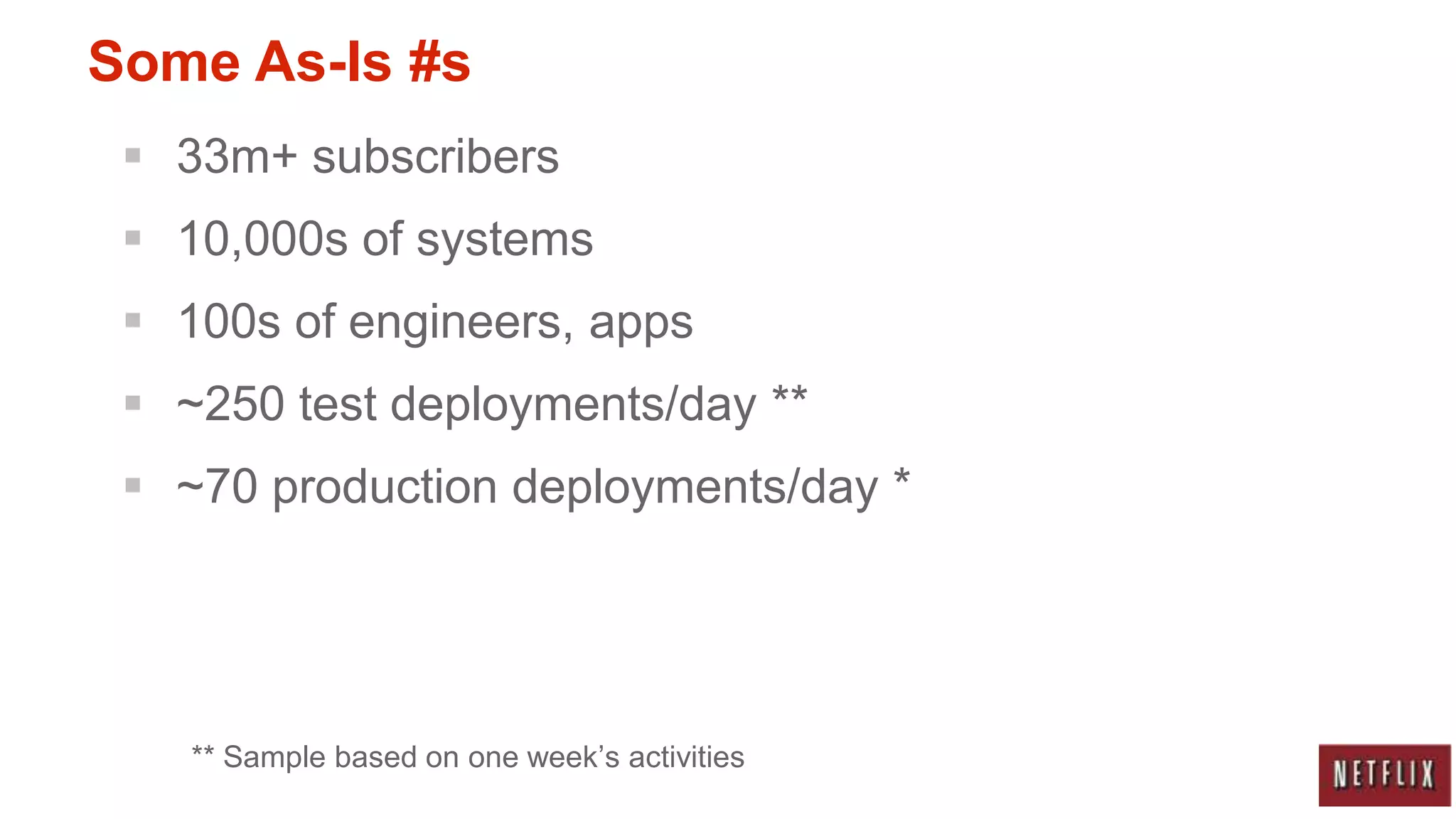 Some As-Is #s
  33m+ subscribers
  10,000s of systems
  100s of engineers, apps
  ~250 test deployments/day **
  ~70 production deployments/day *




    ** Sample based on one week‟s activities
 