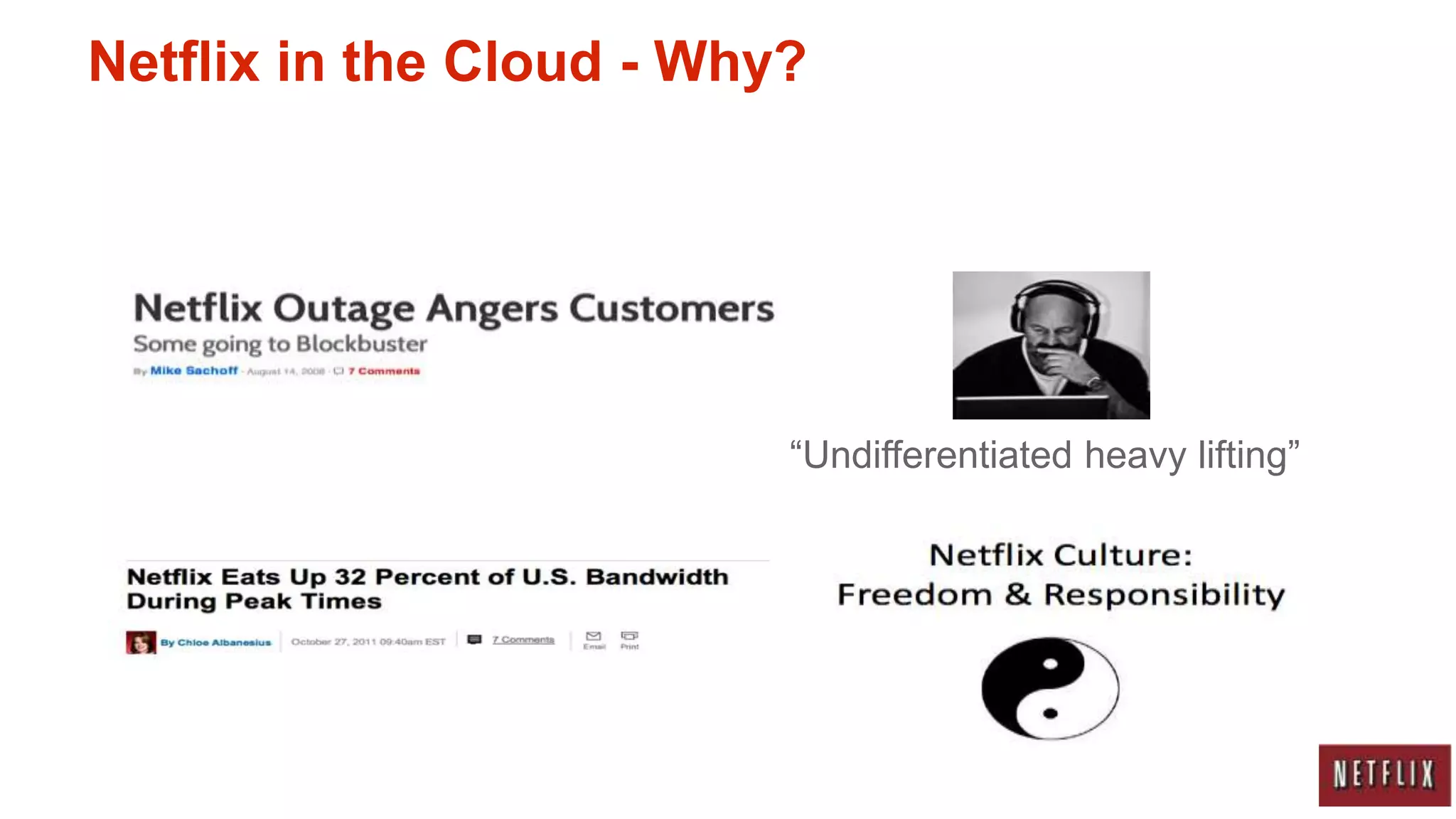 Netflix in the Cloud - Why?




                          “Undifferentiated heavy lifting”
 