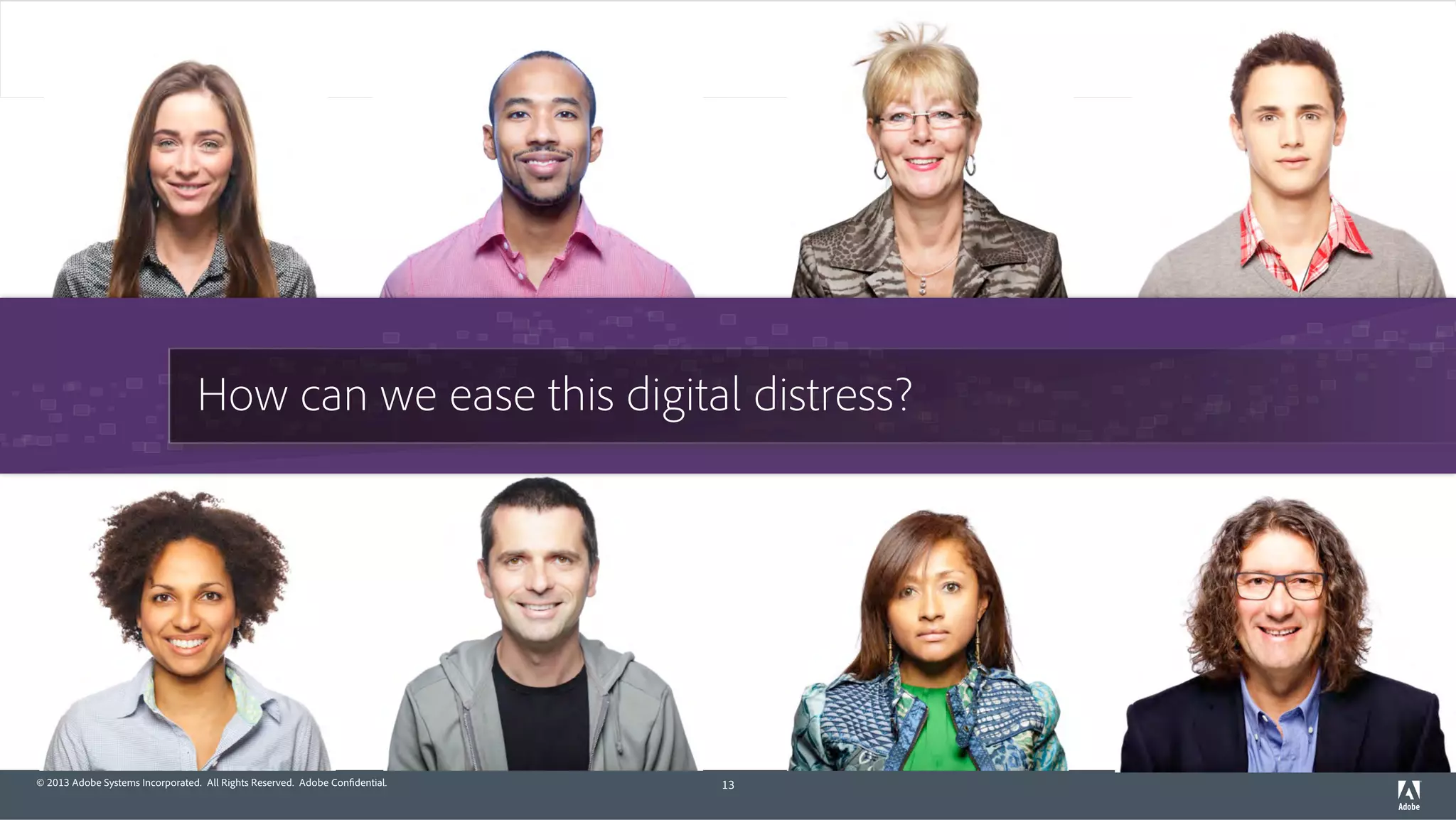 How can we ease this digital distress? 
© 2013 Adobe Systems Incorporated. All Rights Reserved. Adobe Confidential. 13 
 