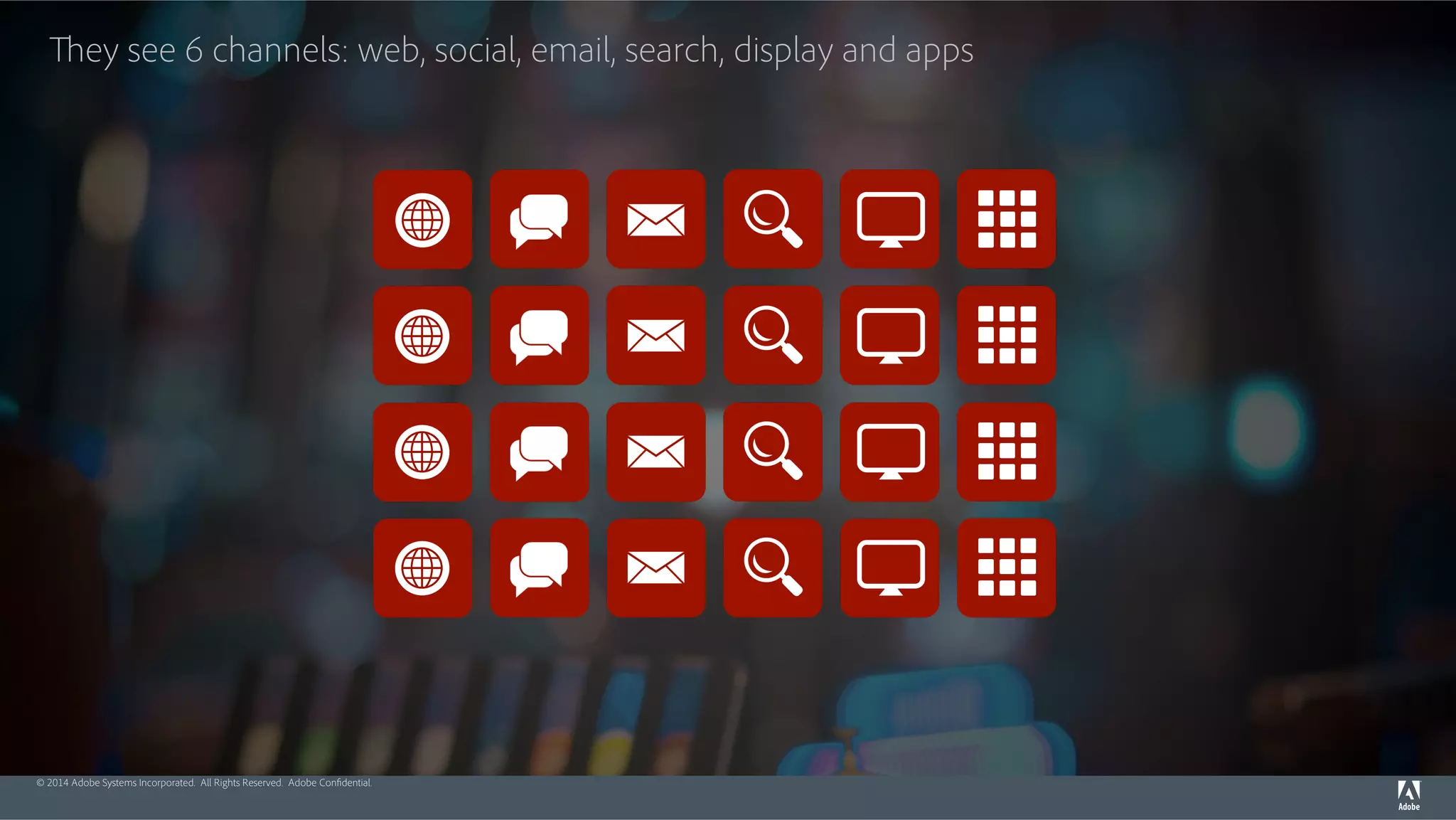 They see 6 channels: web, social, email, search, display and apps 
© 2014 Adobe Systems Incorporated. All Rights Reserved. Adobe Confidential. 
 