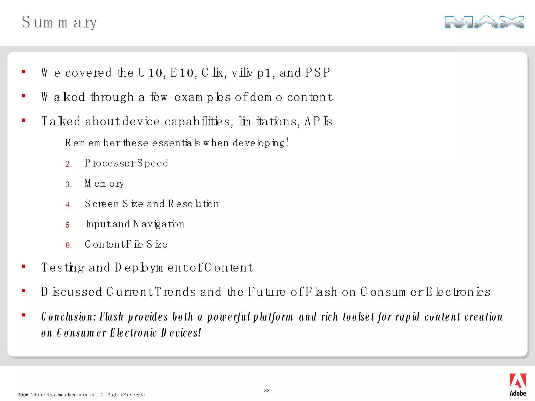 Clix Resolution Adobe MAX 2006 - Creating Flash Content for Consumer Electronics | PPT