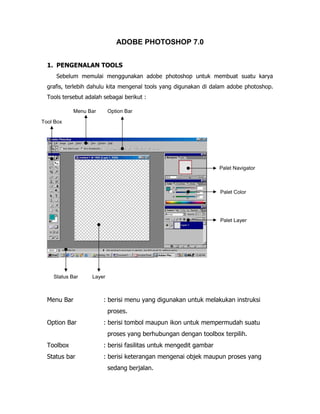 ADOBE PHOTOSHOP 7.0
1. PENGENALAN TOOLS
Sebelum memulai menggunakan adobe photoshop untuk membuat suatu karya
grafis, terlebih dahulu kita mengenal tools yang digunakan di dalam adobe photoshop.
Tools tersebut adalah sebagai berikut :
Menu Bar

Option Bar

Tool Box

Palet Navigator

Palet Color

Palet Layer

Status Bar

Menu Bar

Layer

: berisi menu yang digunakan untuk melakukan instruksi
proses.

Option Bar

: berisi tombol maupun ikon untuk mempermudah suatu
proses yang berhubungan dengan toolbox terpilih.

Toolbox

: berisi fasilitas untuk mengedit gambar

Status bar

: berisi keterangan mengenai objek maupun proses yang
sedang berjalan.

 