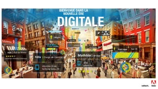 Jean	
  |	
  Prof	
  de	
  ﬁtness	
  
Lululemon	
  Athle3ca	
  is	
  fantas3c.	
  
Félix	
  	
  |	
  Chargé	
  de	
  clientèle	
  
VERIZON	
  LTE	
  4G	
  
Samsung	
  Galaxy	
  S4	
  
Fréd	
  Léger	
   Age	
  30	
  
Pier 83
Fo
rthAve
2n
dAve
10
th
Ave
21st
St
Pier 83
Fort
hAve
2nd
Ave
10th
Ave
21s
tSt
T-­‐Mobile	
  4	
  
Nokia	
  Lumia	
  520	
  
Eva	
  Pilet	
  
Luc	
  Loubin	
   Elisa	
  Sanchez	
  
Age	
  40	
  
Mathilde|	
  Broker	
  
AT&T	
  
Iphone	
  4s	
  
@AdobeMktgCloud	
  
Albert	
  
Sushi
3,343,	
  4,453	
  
BIENVENUE DANS LA
NOUVELLE ÈRE
DIGITALE
 