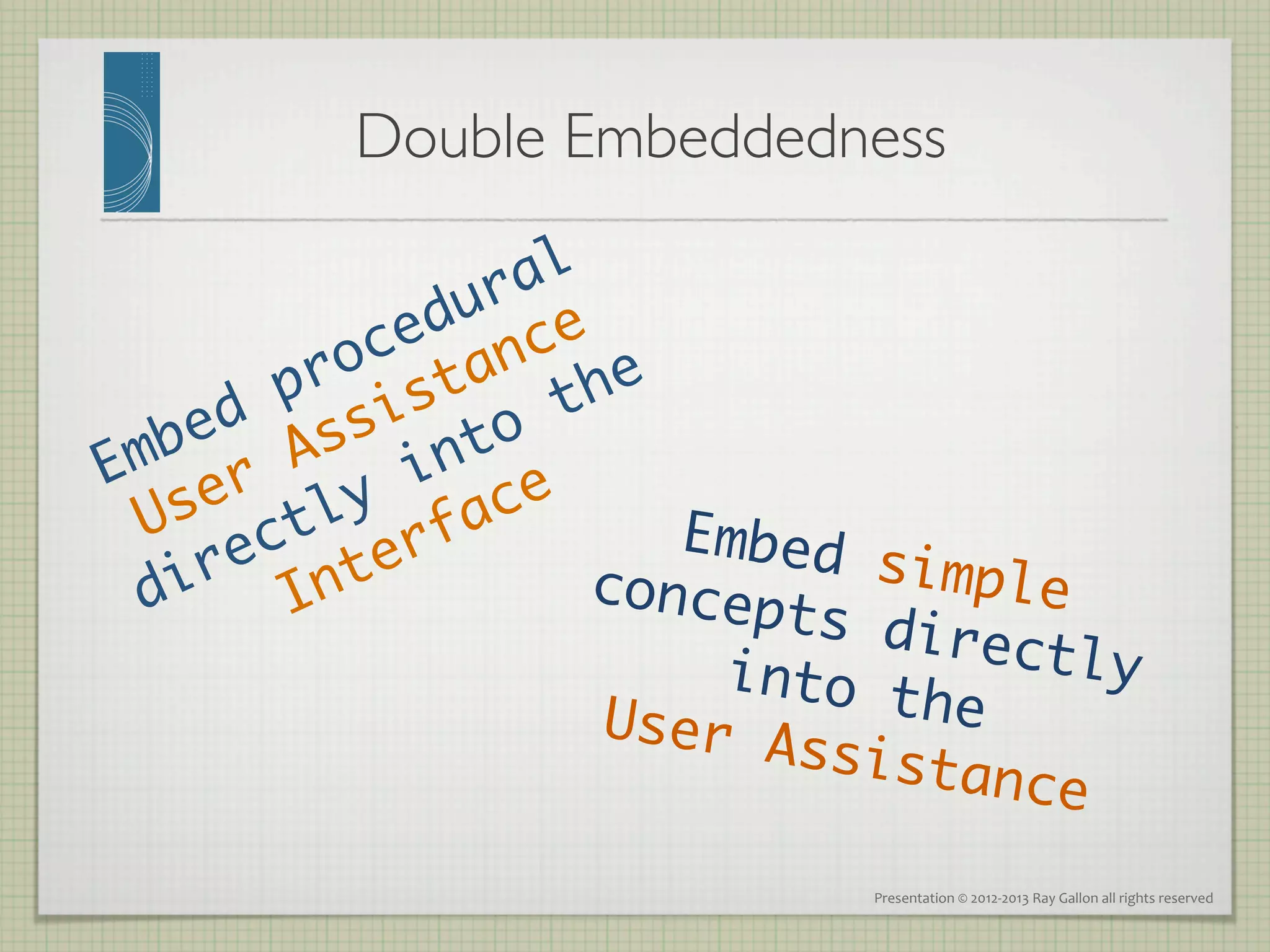 Double Embeddedness
                  	





           Embed
        concep    simple
               ts dir
            into t    ectly
        User A     he  
               ssista
                      n c e	
                  Presentation	
  ©	
  2012-­‐2013	
  Ray	
  Gallon	
  all	
  rights	
  reserved	
  
 