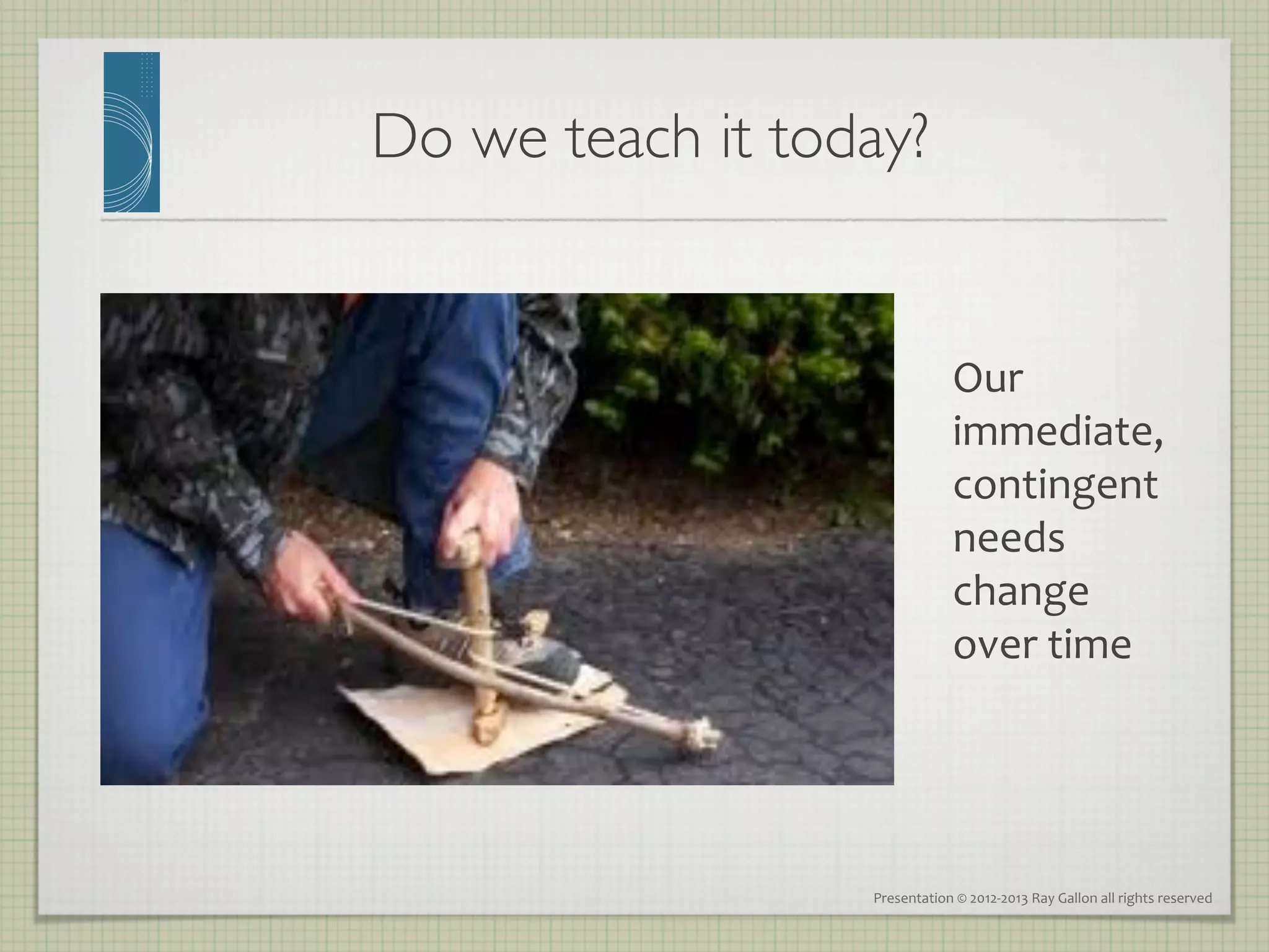 Do we teach it today?
                    	



                                      Our	
  
                                      immediate,	
  
                                      contingent	
  
                                      needs	
  
                                      change	
  
                                      over	
  time	
  




                    Presentation	
  ©	
  2012-­‐2013	
  Ray	
  Gallon	
  all	
  rights	
  reserved	
  
 