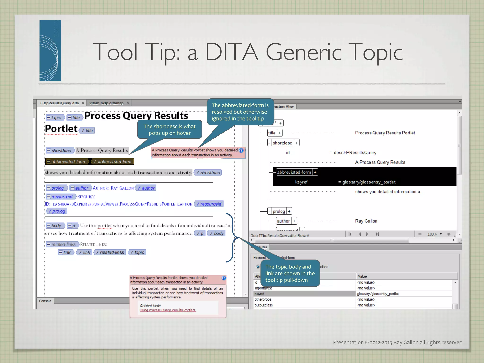Tool Tip: a DITA Generic Topic
                             	

                                          The	
  abbreviated-­‐form	
  is	
  
                                          resolved	
  but	
  otherwise	
  
                                          ignored	
  in	
  the	
  tool	
  tip	
  
     The	
  shortdesc	
  is	
  what	
     	
  
       pops	
  up	
  on	
  hover	
        	
  




                                                                             The	
  topic	
  body	
  and	
  
                                                                             link	
  are	
  shown	
  in	
  the	
  
                                                                             tool	
  tip	
  pull-­‐down	
  
                                                                             	
  
                                                                             	
  




                                                                                                                     Presentation	
  ©	
  2012-­‐2013	
  Ray	
  Gallon	
  all	
  rights	
  reserved	
  
 