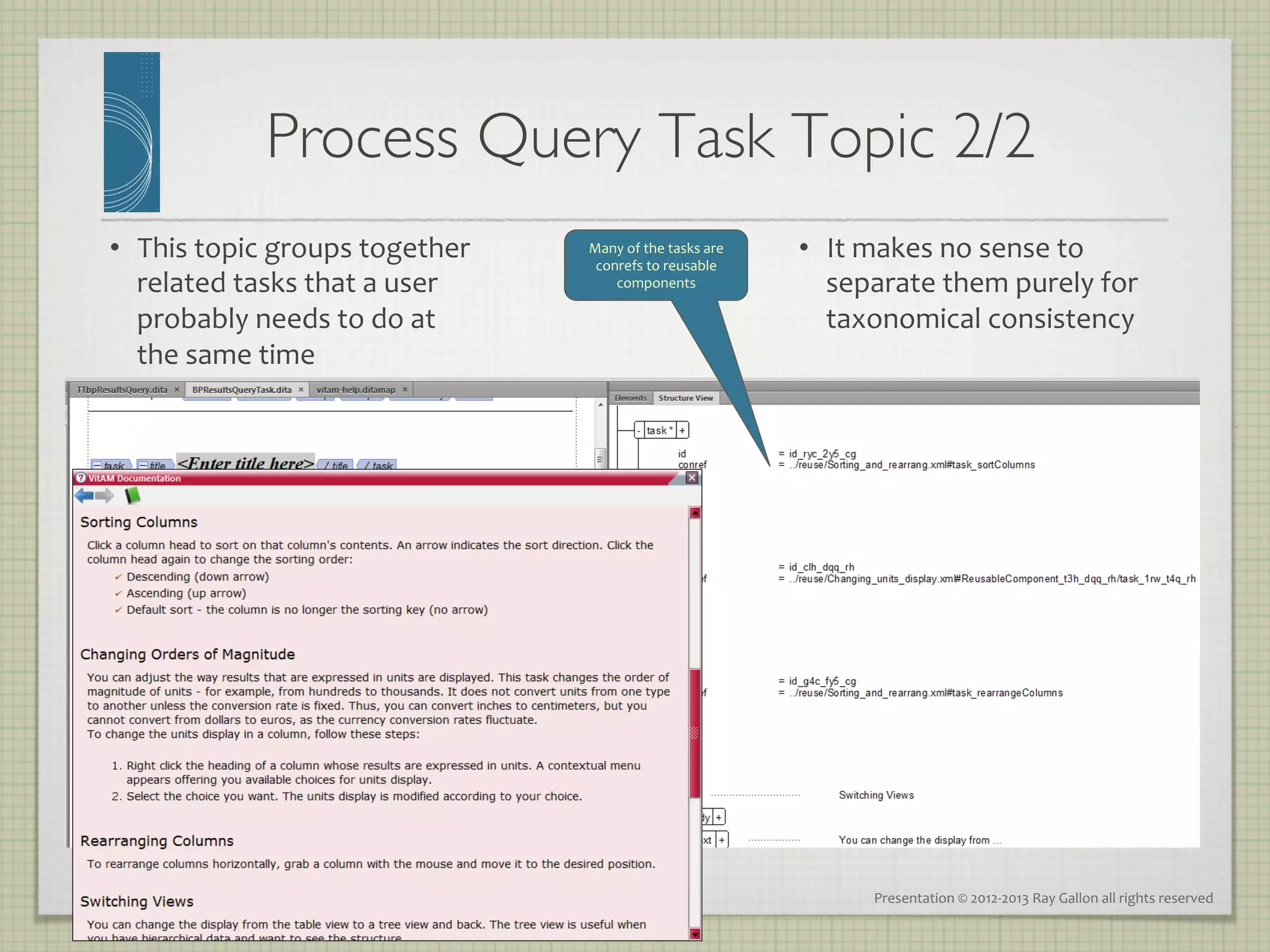 Process Query Task Topic 2/2
                                             	

•  This	
  topic	
  groups	
  together	
       Many	
  of	
  the	
  tasks	
  are	
  
                                                conrefs	
  to	
  reusable	
  
                                                                                       •  It	
  makes	
  no	
  sense	
  to	
  
   related	
  tasks	
  that	
  a	
  user	
         components	
                           separate	
  them	
  purely	
  for	
  
   probably	
  needs	
  to	
  do	
  at	
                                                  taxonomical	
  consistency	
  
   the	
  same	
  time	
  




                                                                                               Presentation	
  ©	
  2012-­‐2013	
  Ray	
  Gallon	
  all	
  rights	
  reserved	
  
 