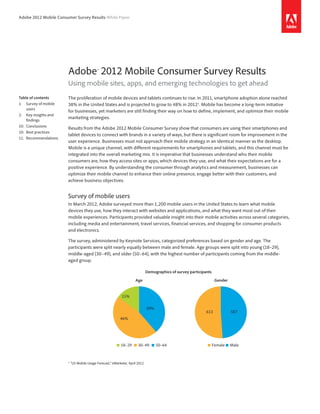 Adobe 2012 Mobile Consumer Survey Results White Paper




                       Adobe® 2012 Mobile Consumer Survey Results
                       Using mobile sites, apps, and emerging technologies to get ahead
Table of contents      The proliferation of mobile devices and tablets continues to rise. In 2011, smartphone adoption alone reached
1:	 Survey of mobile   38% in the United States and is projected to grow to 48% in 20121. Mobile has become a long-term initiative
      users
                       for businesses, yet marketers are still finding their way on how to define, implement, and optimize their mobile
2:	 Key insights and
                       marketing strategies.
     ­findings
10:	Conclusions
                       Results from the Adobe 2012 Mobile Consumer Survey show that consumers are using their smartphones and
10:	 Best practices
                       tablet devices to connect with brands in a variety of ways, but there is significant room for improvement in the
11:	Recommendations
                       user experience. Businesses must not approach their mobile strategy in an identical manner as the desktop.
                       Mobile is a unique channel, with different requirements for smartphones and tablets, and this channel must be
                       integrated into the overall marketing mix. It is imperative that businesses understand who their mobile
                       consumers are, how they access sites or apps, which devices they use, and what their expectations are for a
                       positive experience. By understanding the consumer through analytics and measurement, businesses can
                       optimize their mobile channel to enhance their online presence, engage better with their customers, and
                       achieve business objectives.


                       Survey of mobile users
                       In March 2012, Adobe surveyed more than 1,200 mobile users in the United States to learn what mobile
                       devices they use, how they interact with websites and applications, and what they want most out of their
                       mobile experiences. Participants provided valuable insight into their mobile activities across several categories,
                       including media and entertainment, travel services, financial services, and shopping for consumer products
                       and electronics.

                       The survey, administered by Keynote Services, categorized preferences based on gender and age. The
                       participants were split nearly equally between male and female. Age groups were split into young (18–29),
                       middle-aged (30–49), and older (50–64), with the highest number of participants coming from the middle-
                       aged group.

                                                                              Demographics of survey participants

                                                                     Age                                             Gender


                                                           15%

                                                                              39%
                                                                                                              613             587
                                                          46%




                                                           18–29       30–49        50–64                           Female    Male


                       1
                        		“US Mobile Usage Forecast,” eMarketer, April 2012
 