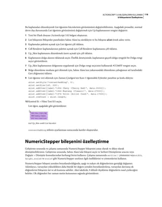 118ACTIONSCRIPT 3.0 BILEŞENLERINI KULLANMA
UI Bileşenlerini Özelleştirme
Bu kaplamaları düzenleyerek List öğesinin hücrelerinin görünümünü değiştirebilirsiniz. Aşağıdaki prosedür, normal
devre dışı durumunda List öğesinin görünümünü değiştirmek için Up kaplamasının rengini değiştirir.
1 Yeni bir Flash dosyası (ActionScript 3.0) belgesi oluşturun.
2 List bileşenini Bileşenler panelinden Sahne Alanı'na sürükleyin ve bu bileşene aList örnek adını verin.
3 Kaplamalar paletini açmak için List öğesini çift tıklatın.
4 Cell Renderer kaplamalarının paletini açmak için Cell Renderer kaplamasını çift tıklatın.
5 Up_Skin kaplamasını düzenlemek üzere açmak için çift tıklatın.
6 Kaplamanın dolgu alanını tıklatarak seçin. Özellik denetçisinde, kaplamanın geçerli dolgu rengiyle bir Dolgu rengi
seçici görüntülenir.
7 Up_Skin kaplamasının dolgusuna uygulamak için Dolgu rengi seçicisini kullanarak #CC66FF rengini seçin.
8 Belge düzenleme moduna geri dönmek için, Sahne Alanı'nın yukarısındaki düzenleme çubuğunun sol tarafındaki
Geri düğmesini tıklatın.
9 List öğesine veri eklemek için Zaman Çizelgesi'nin Kare 1 öğesindeki Eylemler paneline şu kodu ekleyin:
aList.setStyle("contentPadding", 5);
aList.setSize(145, 200);
aList.addItem({label:"1956 Chevy (Cherry Red)", data:35000});
aList.addItem({label:"1966 Mustang (Classic)", data:27000});
aList.addItem({label:"1976 Volvo (Xcllnt Cond)", data:17000});
aList.rowCount = aList.length;
10 Kontrol Et > Filmi Test Et'i seçin.
List öğesi, aşağıdaki gibi görüntülenir:
özel Up_Skin renkli List hücreleri
contentPadding stilinin ayarlanması sonucunda kareler oluşturulur.
NumericStepper bileşenini özelleştirme
Geliştirme sırasında ve çalışma zamanında NumericStepper bileşenini yatay olarak ve dikey olarak
dönüştürebilirsiniz. Geliştirme sırasında, Sahne Alanı'nda bileşeni seçin ve Serbest Dönüştürme aracını veya
Değiştir > Dönüştür komutlarından herhangi birini kullanın. Çalışma zamanında setSize() yöntemini veya width,
height, scaleX ve scaleY gibi NumericStepper sınıfının ilgili özelliklerini ve yöntemlerini kullanın.
NumericStepper bileşeni yeniden boyutlandırıldığında, aşağı ve yukarı ok düğmelerinin genişliği değişmez.
Adımlayıcı, varsayılan yükseklikten daha büyük bir değere yeniden boyutlandırılırsa, varsayılan davranış ok
düğmelerini bileşenin üst ve alt kısmına sabitler. Aksi takdirde, 9 dilimli ölçekleme düğmelerin nasıl çizileceğini
belirler. Ok düğmeleri her zaman metin kutusunun sağında görüntülenir.
 