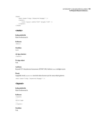 166ACTIONSCRIPT 3.0 BILEŞENLERINI KULLANMA
FLVPlayback Bileşenini kullanma
<head>
<meta base="rtmp://myserver/myapp/" />
<layout>
<root-layout width="240" height="180" />
</layout>
</head>
<meta>
Kullanılabilirlik
Flash Professional 8.
Kullanım
<meta/>
Nitelikler
base
Alt öğe etiketleri
<layout>
Üst öğe etiketi
Yok.
Açıklama
Kaynak FLV dosyalarının konumunu (RTMP URL) belirten base niteliğini içerir.
Örnek
Aşağıdaki örnek, myserver üzerinde taban konum için bir meta etiketi gösterir:
<meta base="rtmp://myserver/myapp/" />
<layout>
Kullanılabilirlik
Flash Professional 8.
Kullanım
<layout>
...
child tags
...
</layout>
Nitelikler
Yok.
 