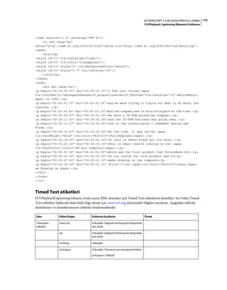 175ACTIONSCRIPT 3.0 BILEŞENLERINI KULLANMA
FLVPlayback Captioning Bileşenini Kullanma
<?xml version="1.0" encoding="UTF-8"?>
<tt xml:lang="en"
xmlns="http://www.w3.org/2006/04/ttaf1"xmlns:tts="http://www.w3.org/2006/04/ttaf1#styling">
<head>
<styling>
<style id="1" tts:textAlign="right"/>
<style id="2" tts:color="transparent"/>
<style id="3" style="2" tts:backgroundColor="white"/>
<style id="4" style="2 3" tts:fontSize="20"/>
</styling>
</head>
<body>
<div xml:lang="en">
<p begin="00:00:00.00" dur="00:00:03.07">I had just joined <span
tts:fontFamily="monospaceSansSerif,proportionalSerif,TheOther"tts:fontSize="+2">Macromedia</
span> in 1996,</p>
<p begin="00:00:03.07" dur="00:00:03.35">and we were trying to figure out what to do about the
internet.</p>
<p begin="00:00:06.42" dur="00:00:03.15">And the company was in dire straights at the time.</p>
<p begin="00:00:09.57" dur="00:00:01.45">We were a CD-ROM authoring company,</p>
<p begin="00:00:11.42" dur="00:00:02.00">and the CD-ROM business was going away.</p>
<p begin="00:00:13.57" dur="00:00:02.50">One of the technologies I remember seeing was
Flash.</p>
<p begin="00:00:16.47" dur="00:00:02.00">At the time, it was called <span
tts:fontWeight="bold" tts:color="#ccc333">FutureSplash</span>.</p>
<p begin="00:00:18.50" dur="00:00:01.20">So this is where Flash got its start.</p>
<p begin="00:00:20.10" dur="00:00:03.00">This is smart sketch running on the <span
tts:fontStyle="italic">EU-pin computer</span>,</p>
<p begin="00:00:23.52" dur="00:00:02.00">which was the first product that FutureWave did.</p>
<p begin="00:00:25.52" dur="00:00:02.00">So our vision for this product was to</p>
<p begin="00:00:27.52" dur="00:00:01.10">make drawing on the computer</p>
<p begin="00:00:29.02" dur="00:00:01.30" style="1">as <span tts:color="#ccc333">easy</span>
as drawing on paper.</p>
</div>
</body>
</tt>
Timed Text etiketleri
FLVPlaybackCaptioning bileşeni, resim yazısı XML dosyaları için Timed Text etiketlerini destekler. Ses Video Timed
Text etiketleri hakkında daha fazla bilgi almak için, www.w3.org adresindeki bilgileri inceleyin. Aşağıdaki tabloda,
desteklenen ve desteklenmeyen etiketler listelenmektedir.
İşlev Etiket/Değer Kullanım/Açıklama Örnek
Yoksayılan
etiketler
meta veri Yoksayılır/belgeninherhangibirdüzeyinde
izin verilir
set Yoksayılır/belgeninherhangibirdüzeyinde
izin verilir
xml:lang Yoksayılır
xml:space Yoksayılır / Davranış şununla geçersiz kılınır:
xml:space="default"
 