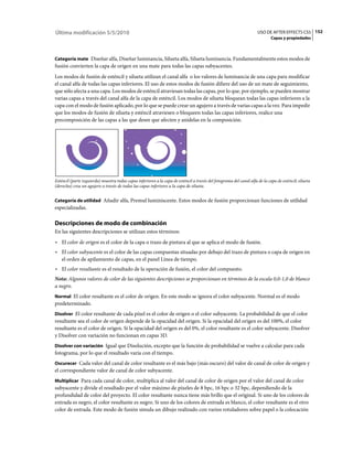 Última modificación 5/5/2010                                                                                          USO DE AFTER EFFECTS CS5 152
                                                                                                                              Capas y propiedades



Categoría mate Diseñar alfa, Diseñar luminancia, Silueta alfa, Silueta luminancia. Fundamentalmente estos modos de
fusión convierten la capa de origen en una mate para todas las capas subyacentes.
Los modos de fusión de esténcil y silueta utilizan el canal alfa o los valores de luminancia de una capa para modificar
el canal alfa de todas las capas inferiores. El uso de estos modos de fusión difiere del uso de un mate de seguimiento,
que sólo afecta a una capa. Los modos de esténcil atraviesan todas las capas, por lo que, por ejemplo, se pueden mostrar
varias capas a través del canal alfa de la capa de esténcil. Los modos de silueta bloquean todas las capas inferiores a la
capa con el modo de fusión aplicado, por lo que se puede crear un agujero a través de varias capas a la vez. Para impedir
que los modos de fusión de silueta y esténcil atraviesen o bloqueen todas las capas inferiores, realice una
precomposición de las capas a las que desee que afecten y anídelas en la composición.




Esténcil (parte izquierda) muestra todas capas inferiores a la capa de esténcil a través del fotograma del canal alfa de la capa de esténcil; silueta
(derecha) crea un agujero a través de todas las capas inferiores a la capa de silueta.


Categoría de utilidad Añadir alfa, Premul luminiscente. Estos modos de fusión proporcionan funciones de utilidad
especializadas.

Descripciones de modo de combinación
En las siguientes descripciones se utilizan estos términos:
• El color de origen es el color de la capa o trazo de pintura al que se aplica el modo de fusión.
• El color subyacente es el color de las capas compuestas situadas por debajo del trazo de pintura o capa de origen en
  el orden de apilamiento de capas, en el panel Línea de tiempo.
• El color resultante es el resultado de la operación de fusión, el color del compuesto.
Nota: Algunos valores de color de las siguientes descripciones se proporcionan en términos de la escala 0,0-1,0 de blanco
a negro.
Normal El color resultante es el color de origen. En este modo se ignora el color subyacente. Normal es el modo
predeterminado.
Disolver El color resultante de cada píxel es el color de origen o el color subyacente. La probabilidad de que el color
resultante sea el color de origen depende de la opacidad del origen. Si la opacidad del origen es del 100%, el color
resultante es el color de origen. Si la opacidad del origen es del 0%, el color resultante es el color subyacente. Disolver
y Disolver con variación no funcionan en capas 3D.
Disolver con variación Igual que Disolución, excepto que la función de probabilidad se vuelve a calcular para cada
fotograma, por lo que el resultado varía con el tiempo.
Oscurecer Cada valor del canal de color resultante es el más bajo (más oscuro) del valor de canal de color de origen y
el correspondiente valor de canal de color subyacente.
Multiplicar Para cada canal de color, multiplica al valor del canal de color de origen por el valor del canal de color
subyacente y divide el resultado por el valor máximo de píxeles de 8 bpc, 16 bpc o 32 bpc, dependiendo de la
profundidad de color del proyecto. El color resultante nunca tiene más brillo que el original. Si uno de los colores de
entrada es negro, el color resultante es negro. Si uno de los colores de entrada es blanco, el color resultante es el otro
color de entrada. Este modo de fusión simula un dibujo realizado con varios rotuladores sobre papel o la colocación
 
