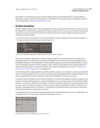 Última modificación 5/5/2010                                                                     USO DE AFTER EFFECTS CS5 196
                                                                                               Animación y fotogramas clave



Para obtener un tutorial paso a paso que muestre la animación de capas individuales desde un archivo (PSD) de
Photoshop, consulte el capítulo “Animating Layers in After Effects“ (Animación de capas en After Effects) del sitio
web de Peachpit Press After Effects Classroom in a Book.


El editor de gráficos
El Editor de gráficos representa los valores de propiedades mediante un gráfico de dos dimensiones; el valor de tiempo
de composición se representa horizontalmente (de izquierda a derecha). Por el contrario, en el modo de barra de capa,
el gráfico de tiempo representa sólo el elemento de tiempo horizontal, sin mostrar ninguna representación visual
vertical de los valores variables.
    Para alternar entre el modo de barra de capa y el modo Editor de gráficos, haga clic en el botón Editor de gráficos
    ubicado en el panel Línea de tiempo, o presione Mayús+F3.




La ilustración muestra dos propiedades animadas (posición y escala) en el Editor de gráficos


Hay dos tipos de gráficos disponibles en el Editor de gráficos: gráficos de valores, que muestran los valores de la
propiedad, y gráficos de velocidad, que muestran las velocidades de cambio de los valores de la propiedad. Para las
propiedades temporales, como la Opacidad, el Editor de gráficos asigna ajustes predeterminados al gráfico de valores.
Para las propiedades espaciales, el Editor de gráficos vuelve al gráfico de velocidad de forma predeterminada. Para
obtener información sobre la visualización y edición de los valores de fotogramas clave, consulte “Visualización o
edición de un valor de fotograma clave” en la página 203.
En el Editor de gráficos, cada propiedad se representa mediante su propia curva. Se puede ver y utilizar una propiedad
cada vez o varias propiedades al mismo tiempo. Cuando hay más de una propiedad visible en el Editor de gráficos, cada
curva de propiedad tiene el mismo color que el valor de dicha propiedad en el contorno de la capa.
Cuando se arrastra un fotograma clave en el Editor de gráficos con el botón Ajustar seleccionado, el fotograma clave
se ajusta a los valores del fotograma clave, tiempos del fotograma clave, el tiempo actual, puntos de Entrada y Salida,
marcadores, el comienzo y final del área de trabajo y el comienzo y final de la composición. Cuando el fotograma clave
se ajusta a uno de estos elementos, aparece una línea naranja en el Editor de gráficos para indicar el objeto que está
ajustando. Mantenga pulsado Ctrl (Windows) o Comando (Mac OS) después de haber comenzado a arrastrar para
cambiar temporalmente el comportamiento de ajuste.
Los fotogramas clave en el modo Editor de gráficos pueden tener controles de dirección en uno o en ambos lados. Los
controles de dirección se utilizan para controlar la interpolación de curva.




Fotogramas clave del Editor de gráficos con controles de dirección
 