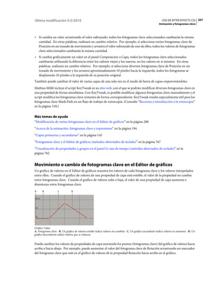 Última modificación 5/5/2010                                                                                 USO DE AFTER EFFECTS CS5 207
                                                                                                           Animación y fotogramas clave



• Si cambia un valor arrastrando el valor subrayado, todos los fotogramas clave seleccionados cambiarán la misma
  cantidad. En otras palabras, realizará un cambio relativo. Por ejemplo, si selecciona varios fotogramas clave de
  Posición en un trazado de movimiento y arrastra el valor subrayado de uno de ellos, todos los valores de fotogramas
  clave seleccionados cambiarán la misma cantidad.
• Si cambia gráficamente un valor en el panel Composición o Capa, todos los fotogramas clave seleccionados
  cambiarán utilizando la diferencia entre los valores viejos y los nuevos, no los valores en sí mismos. En otras
  palabras, realizará un cambio relativo. Por ejemplo, si selecciona diversos fotogramas clave de Posición en un
  trazado de movimiento y los arrastra aproximadamente 10 píxeles hacia la izquierda, todos los fotogramas se
  desplazarán 10 píxeles a la izquierda de su posición original.
También puede cambiar el valor de varias capas de una sola vez en el modo de barra de capas emparentándolas.
Mathias Möhl incluye el script KeyTweak en su sitio web, con el que se podrán modificar diversos fotogramas clave en
una propiedad de forma simultánea. Con KeyTweak, es posible modificar algunos fotogramas clave manualmente y el
script modifica los fotogramas clave restantes de forma correspondiente. KeyTweak resulta especialmente útil para los
fotogramas clave Mask Path en un flujo de trabajo de rotoscopia. (Consulte “Recursos e introducción a la rotoscopia”
en la página 318.)


Más temas de ayuda
“Modificación de varios fotogramas clave en el Editor de gráficos” en la página 208
“Acerca de la animación, fotogramas clave y expresiones” en la página 194
“Capas primarias y secundarias” en la página 145
“Fotogramas clave y el Editor de gráficos (métodos abreviados de teclado)” en la página 767
“Visualización de propiedades y grupos en el panel Lí­nea de tiempo (métodos abreviados de teclado)” en la
página 762


Movimiento o cambio de fotogramas clave en el Editor de gráficos
Un gráfico de valores en el Editor de gráficos muestra los valores de cada fotograma clave y los valores interpolados
entre ellos. Cuando el gráfico de valores de una propiedad de capa está estable, el valor de la propiedad no cambia
entre fotogramas clave. Cuando el gráfico de valores sube o baja, el valor de una propiedad de capa aumenta o
disminuye entre fotogramas clave.
A     B             C          D




Gráfico Valor
A. Fotograma clave. B. Un gráfico de valores estable indica valores sin cambios. C. Un gráfico ascendente indica valores en aumento. D. Un
gráfico descendente indica valores que se reducen.


Puede cambiar los valores de propiedades de capa moviendo los puntos (fotogramas clave) del gráfico de valores hacia
arriba o hacia abajo. Por ejemplo, puede aumentar el valor del fotograma clave de Rotación arrastrando un marcador
del fotograma clave que esté en el gráfico de valores de la propiedad Rotación hacia arriba en el gráfico.
 