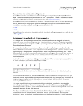 Última modificación 5/5/2010                                                                            USO DE AFTER EFFECTS CS5 220
                                                                                                      Animación y fotogramas clave



Recursos en línea sobre la interpolación de fotogramas clave
Aharon Rabinowitz ofrece varios tutoriales de vídeo, entre los que se incluyen "How Does Computer Animation
Work?" (Cómo funciona la animación por ordenador) y "What is interpolation?" (¿Qué es la interpolación?); ambas
referencias en inglés., que introducen la animación como parte de las series Multimedia 101.
Aharon Rabinowitz incluye un par de tutoriales de vídeo en el sitio web Creative COW que describen el problema y la
solución para el problema de movimiento boomerang, que surge al tener de forma involuntaria la interpolación
espacial Curva automática establecida para fotogramas clave del mismo valor:
• Parte 1
• Parte 2
Antony Bolante ofrece información e ilustraciones sobre la interpolación de fotogramas clave en un artículo del sitio
web Peachpit Press.


Métodos de interpolación de fotogramas clave
En el modo de barra de capa, el aspecto del icono de un fotograma clave depende del método de interpolación
seleccionado para el intervalo entre fotogramas clave Si la mitad del icono es gris oscuro , la mitad oscura indica
que no hay ningún fotograma clave junto a ese lado o que la interpolación está anulada porque se aplicó Mantener
interpolación al fotograma anterior.
De forma predeterminada, un fotograma clave emplea un método de interpolación, pero se pueden aplicar dos
métodos: el método entrante se aplica al valor de propiedad cuando el tiempo actual se acerca a un fotograma clave y
el método saliente se aplica el valor de propiedad cuando el tiempo actual abandona un fotograma clave. Cuando
defina métodos de interpolación entrante y saliente distintos, el icono de fotograma clave del modo barra cambiará en
consecuencia. Muestra la mitad izquierda del icono de interpolación entrante y la mitad derecha del icono de
interpolación saliente.
   Para alternar entre iconos y números de fotogramas clave, seleccione Utilizar iconos de fotograma clave o Utilizar
   índices de fotograma clave del menú del panel Línea de tiempo.



          A         B        C        D        E


Ejemplos de iconos de fotograma clave en el panel Línea de tiempo en el modo barra de capa
A. Lineal B. Lineal activado, Mantenimiento desactivado C. Curva automática D. Curva continua o Curva E. Lineal activado, Curva
desactivada


Todos los métodos de interpolación utilizados por After Effects se basan en el método de interpolación Curva, que
proporciona controles de dirección para que pueda gestionar las transiciones entre fotogramas clave. Los métodos de
interpolación que no emplean controles de dirección son versiones limitadas de la interpolación Curva y son
adecuados para determinadas tareas.
Para obtener más información sobre cómo afectan los diferentes métodos de interpolación a las propiedades
temporales, pruebe a configurar al menos tres fotogramas clave con valores distintos para una propiedad de capa
temporal (por ejemplo, Opacidad) y cambie los métodos de interpolación mientras visualiza el gráfico de valores en el
modo Editor de gráficos del panel Línea de tiempo.
Para obtener más información sobre los diferentes métodos de interpolación, pruebe a configurar al menos tres
fotogramas clave para una propiedad espacial, por ejemplo, Posición, con valores distintos en un trazado de
movimiento, y cambie los métodos de interpolación mientras previsualiza el movimiento en el panel Composición.
 